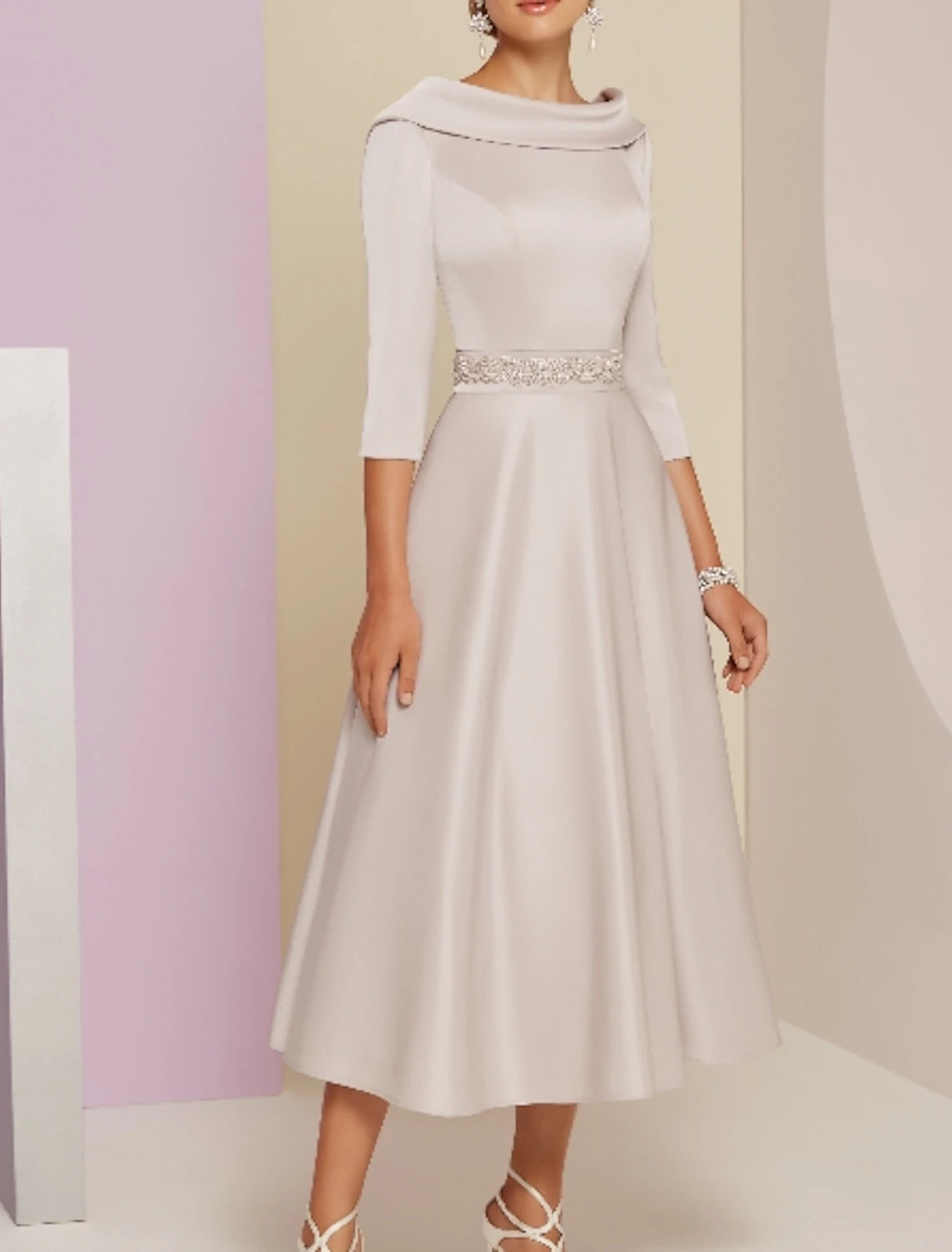 Wholesa A-Line Mother of the Bride Dress Wedding Guest Elegant Vintage Plus Size Bateau Neck Tea Length Satin 3/4 Length Sleeve with Beading