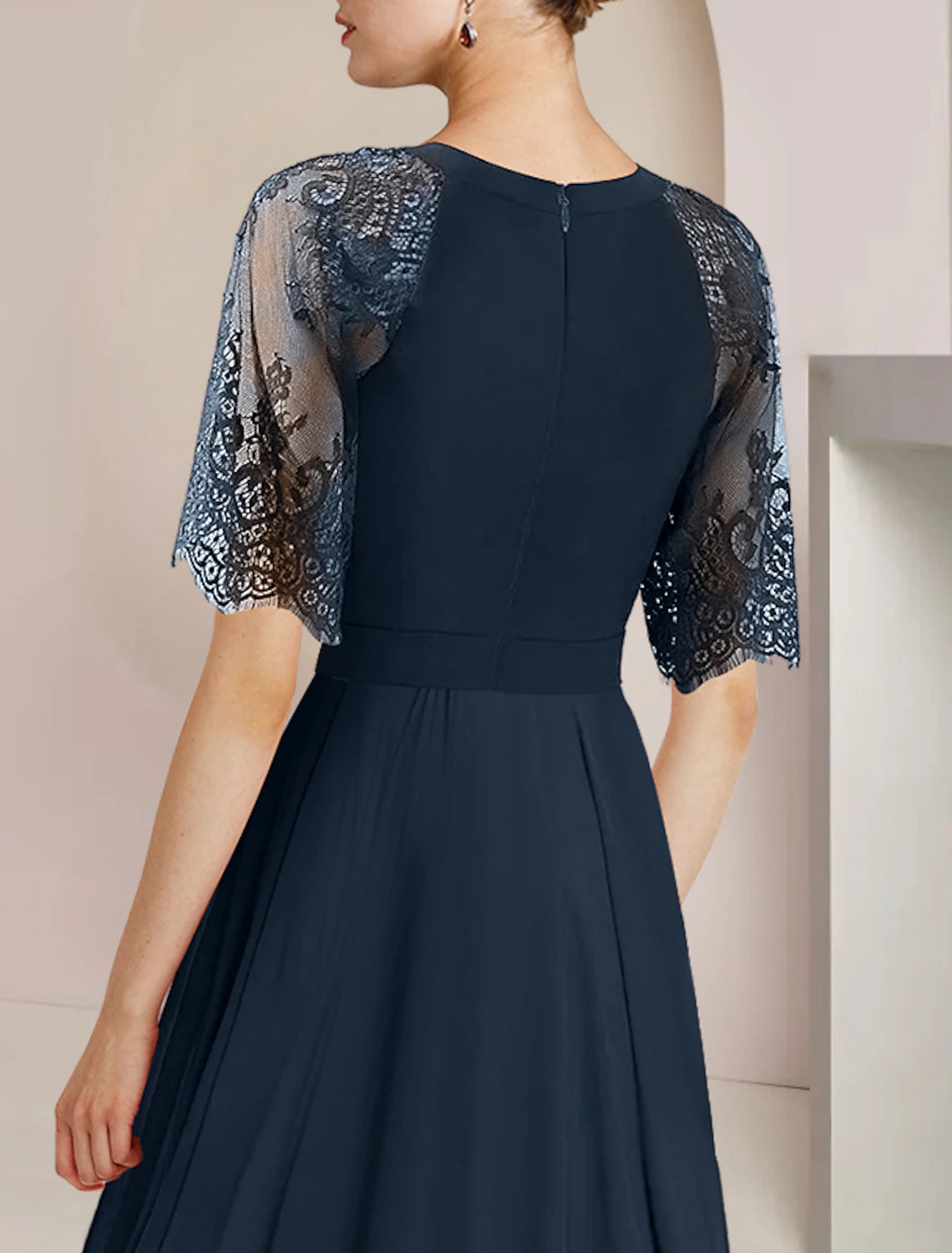 wholesale   A-Line Mother of the Bride Dress Formal Wedding Guest Party Elegant High Low Scoop Neck Tea Length Chiffon Lace 3/4 Length Sleeve with Pleats Crystal Brooch