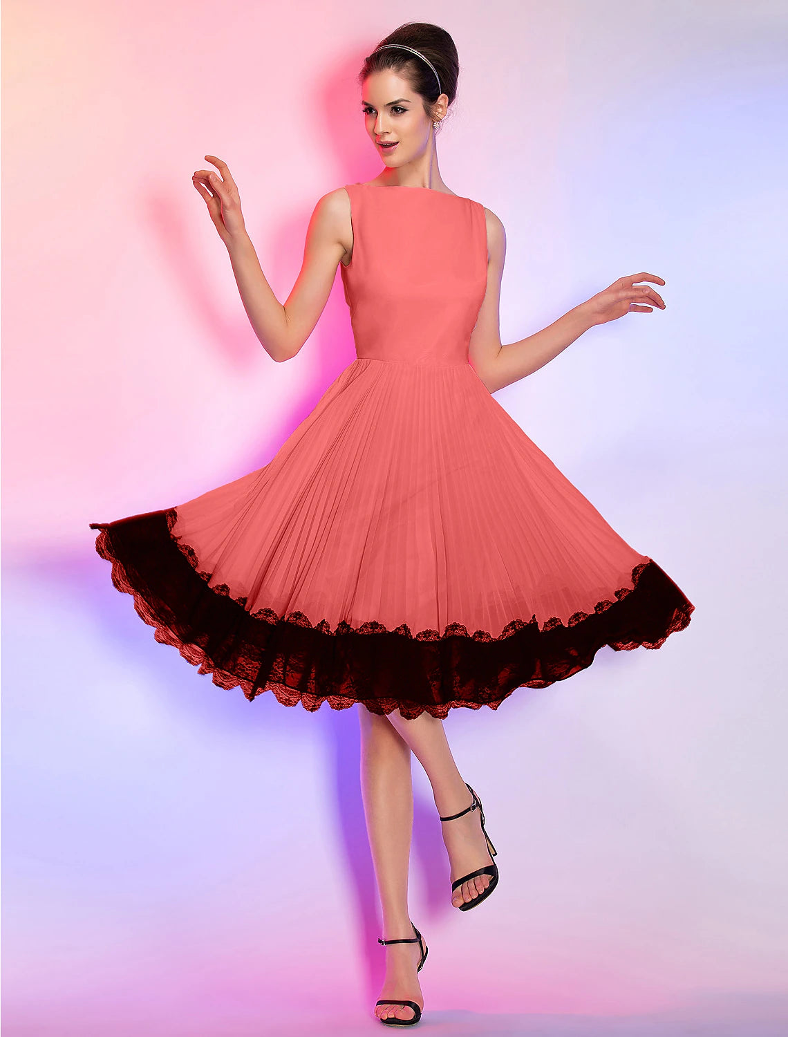 Wholesa A-Line Vintage Dress Homecoming Graduation Knee Length Sleeveless Boat Neck Pink Dress Chiffon with Lace Insert