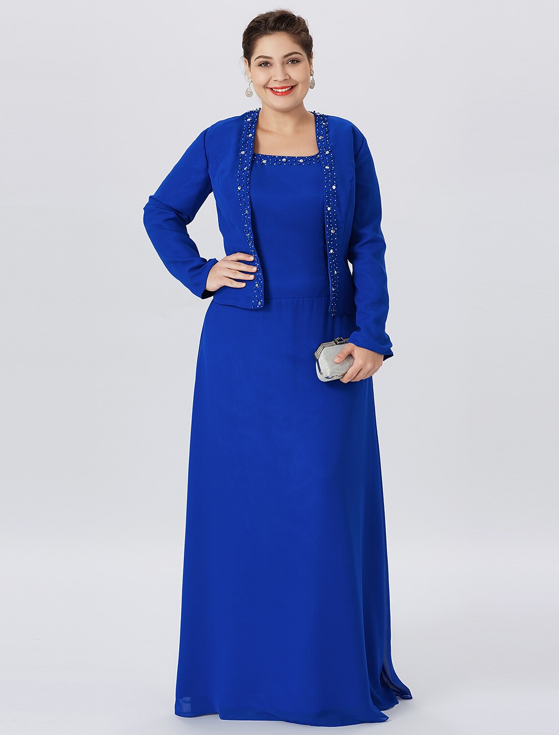 wholesale  A-Line Mother of the Bride Dress Formal Classic & Timeless Elegant & Luxurious Plus Size Straps Floor Length Chiffon Lace Long Sleeve Wrap Included with Pearls Crystals