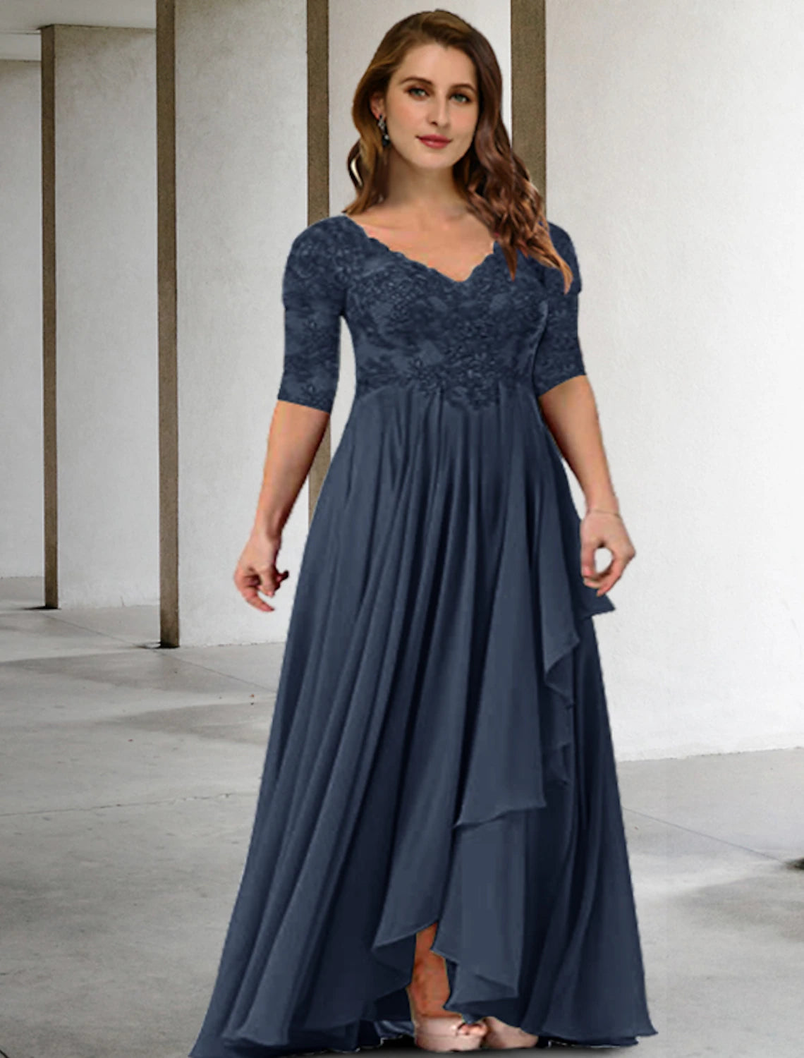 wholesale  Two Piece A-Line Mother of the Bride Dresses Plus Size Hide Belly Curve Elegant Dress Formal Floor Length Half Sleeve V Neck Chiffon with Pleats Appliques