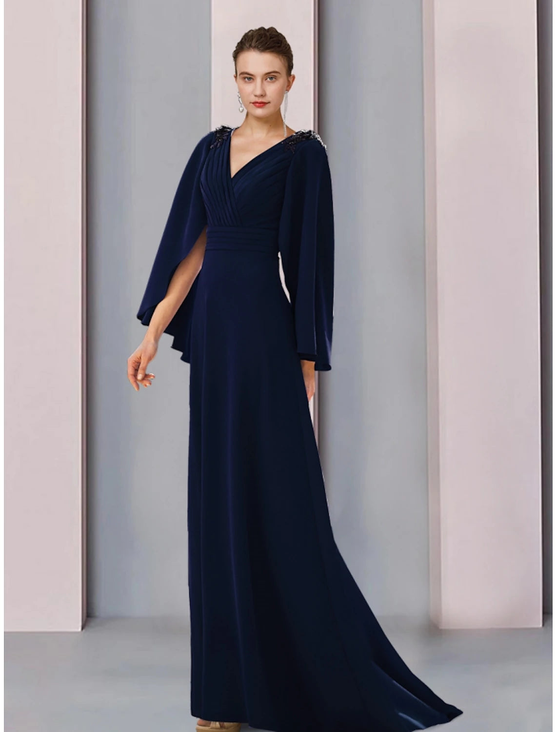 Wholesa A-Line Mother of the Bride Dress Wedding Guest Elegant V Neck Sweep / Brush Train Stretch Chiffon Long Sleeve with Sequin Ruching Solid Color