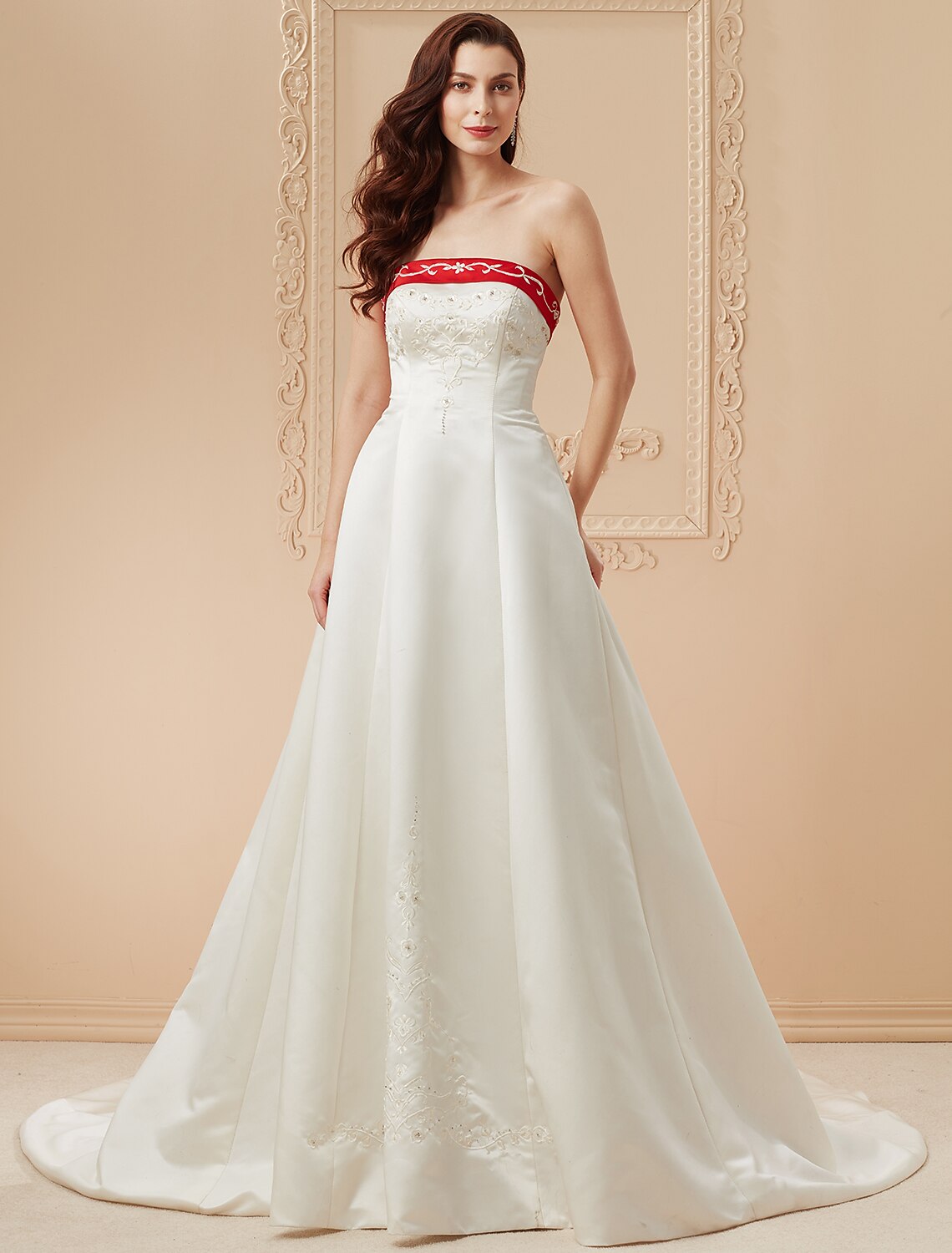 wholesale  Open Back Wedding Dresses Sweep / Brush Train Ball Gown Strapless Strapless Satin With Embroidery Appliques