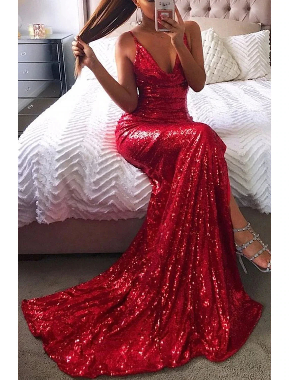 Wholesa Mermaid / Trumpet Prom Dresses Sexy Dress Formal Court Train Sleeveless Strapless Sequined Backless with Sequin