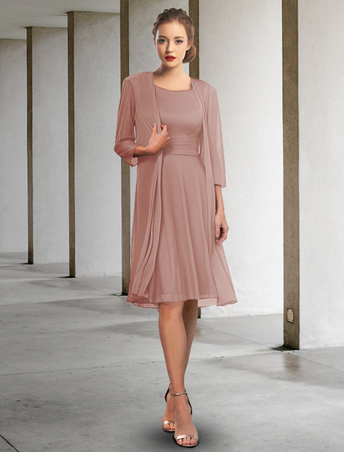 wholesale   Two Piece A-Line Mother of the Bride Dress Elegant Jewel Neck Knee Length Chiffon Sleeveless with Pleats