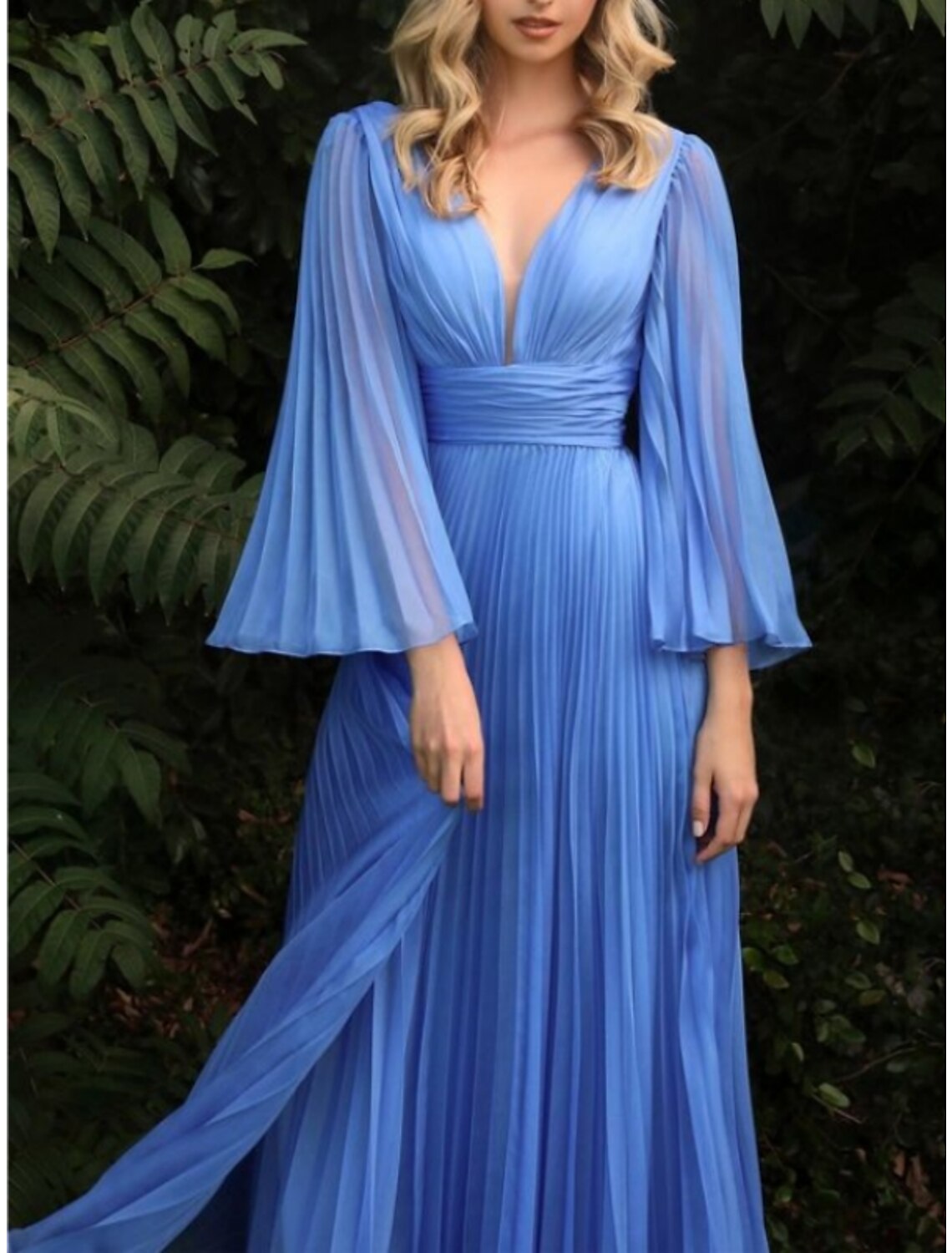 Wholesa Sheath / Column Wedding Guest Dresses Elegant Dress Wedding Guest Floor Length Long Sleeve V Neck Chiffon with Pleats Ruched