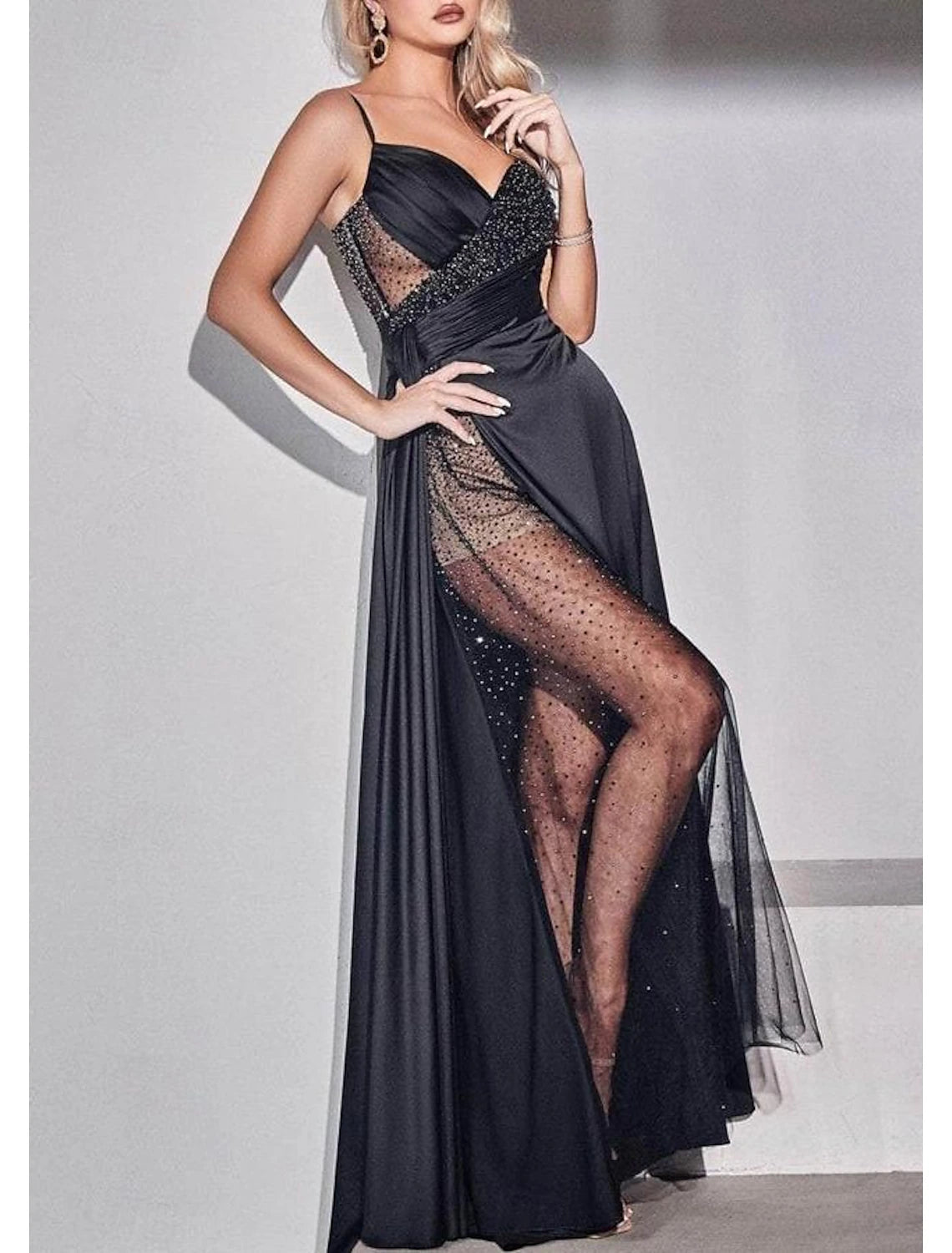 Wholesa A-Line Prom Dresses Elegant Dress Formal Prom Floor Length Sleeveless Spaghetti Strap Satin with Glitter Sequin Slit