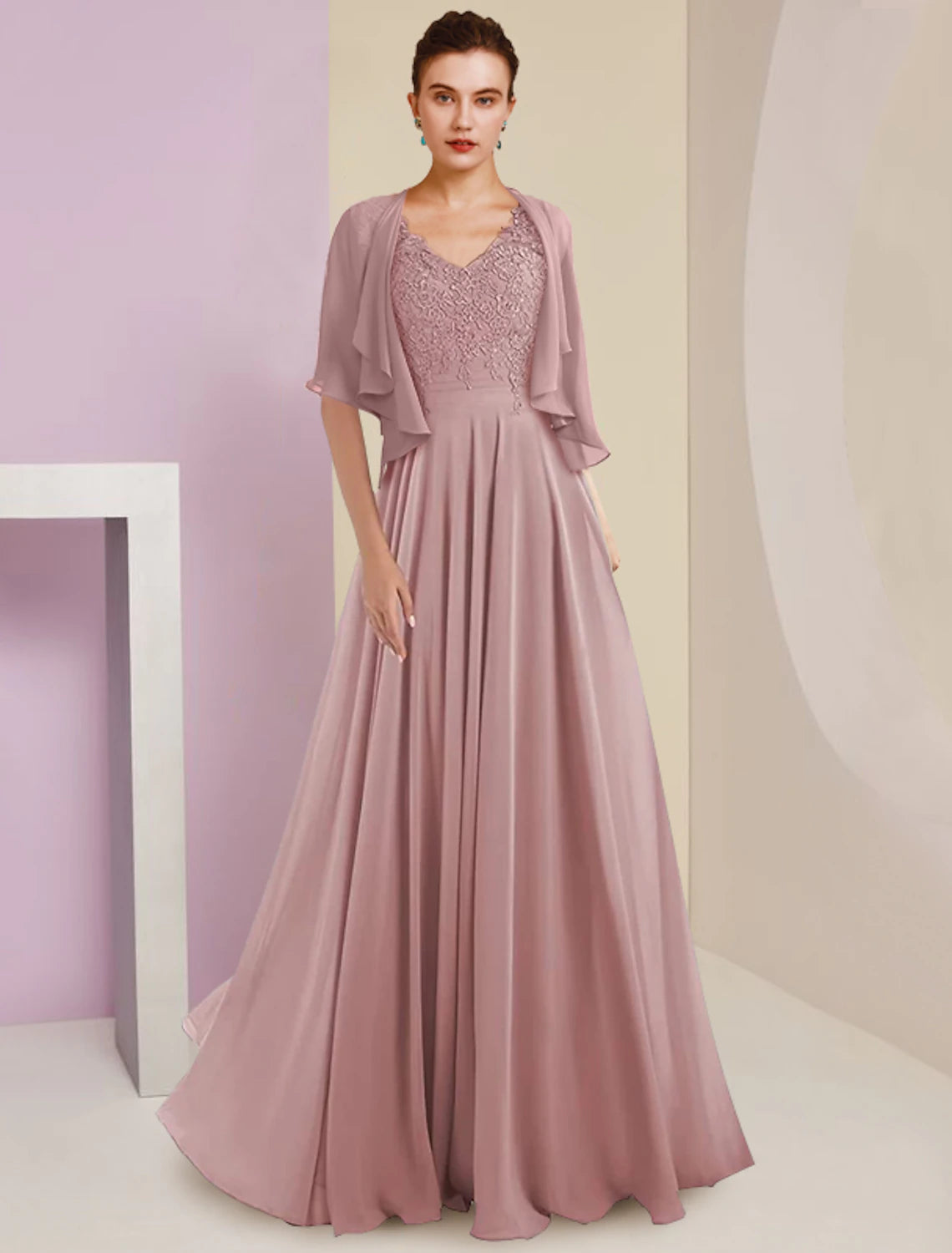 wholesale  Two Piece A-Line Mother of the Bride Dress Formal Wedding Guest Elegant V Neck Sweep / Brush Train Chiffon Lace 3/4 Length Sleeve Wrap Included with Pleats Appliques
