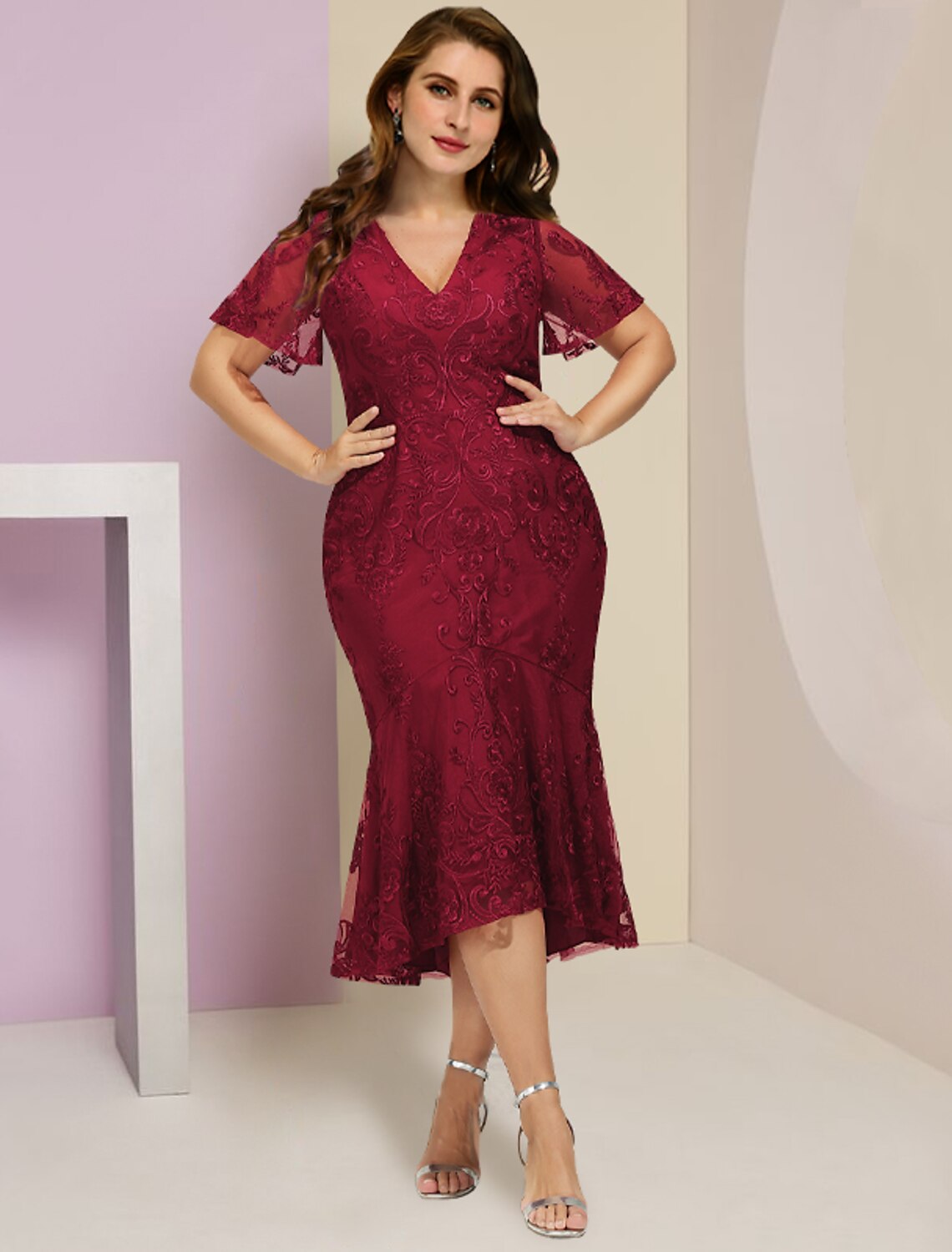 wholesale  Mother of the Bride Dresses Plus Size Curve Hide Belly Wedding Guest Party Elegant V Neck Tea Length Lace Short Sleeve with Pleats Solid