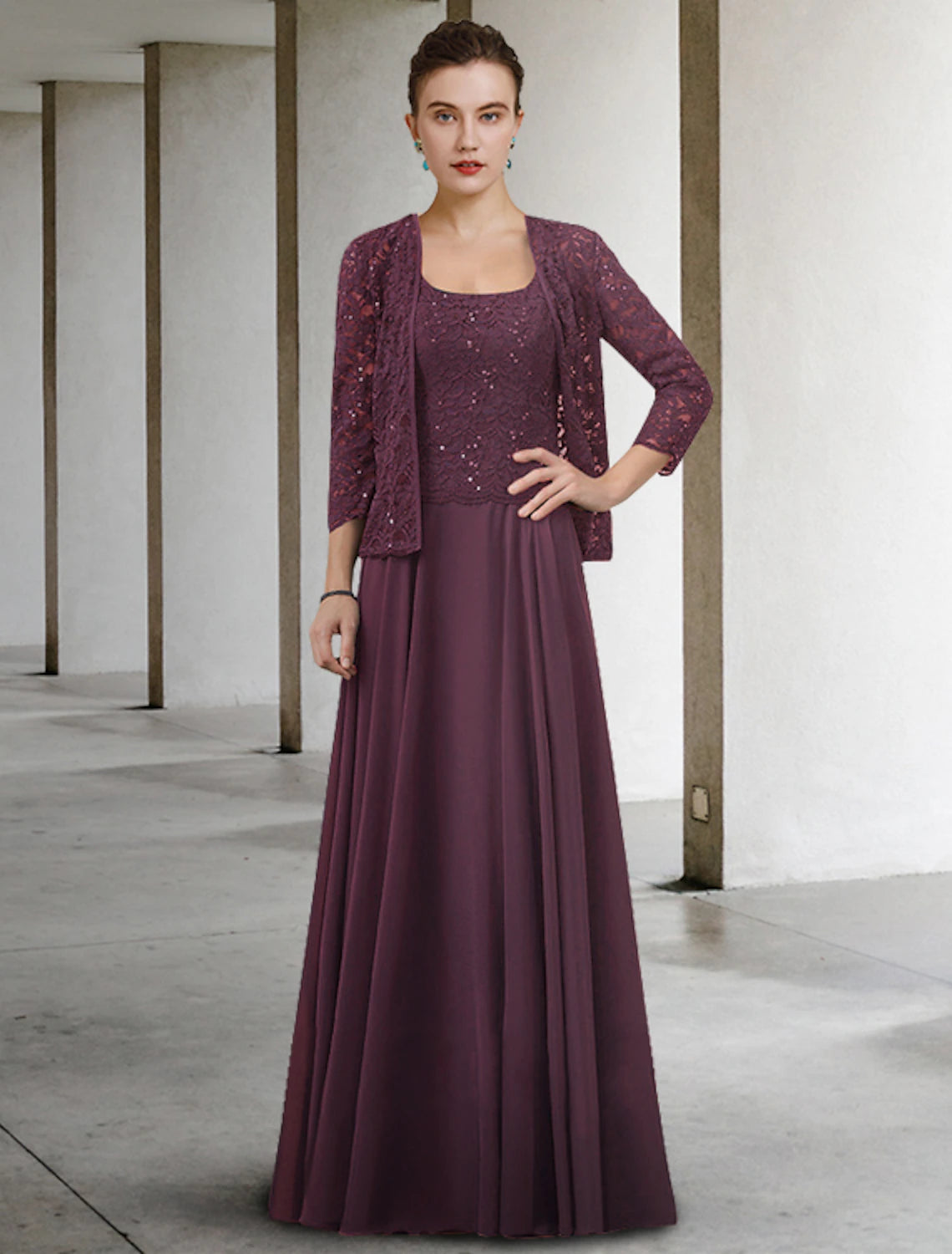 Wholesa Two Piece A-Line Mother of the Bride Dress Elegant Jewel Neck Floor Length Chiffon Lace Half Sleeve with Pleats