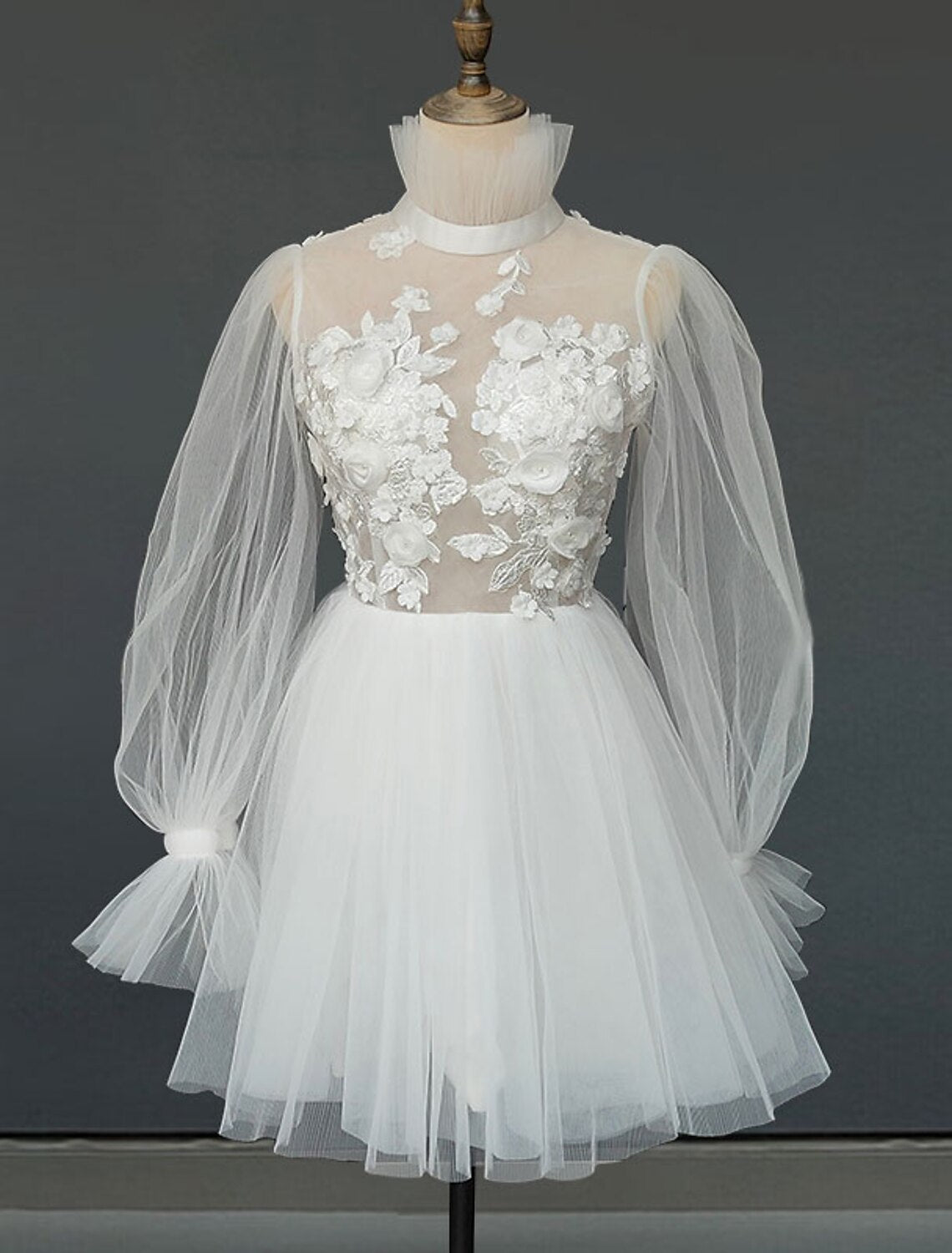 wholesale Reception Open Back Little White Dresses Wedding Dresses A-Line High Neck Long Sleeve Short / Mini Satin Bridal Gowns With Pleats Appliques