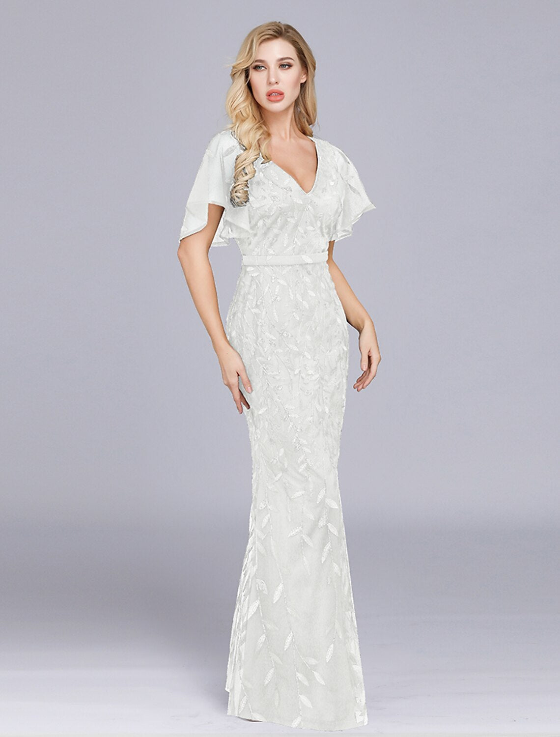 Wholesa Mermaid / Trumpet Evening Gown Empire Dress Party Wear Formal Evening Floor Length Short Sleeve Jewel Neck Tulle with Ruffles Embroidery