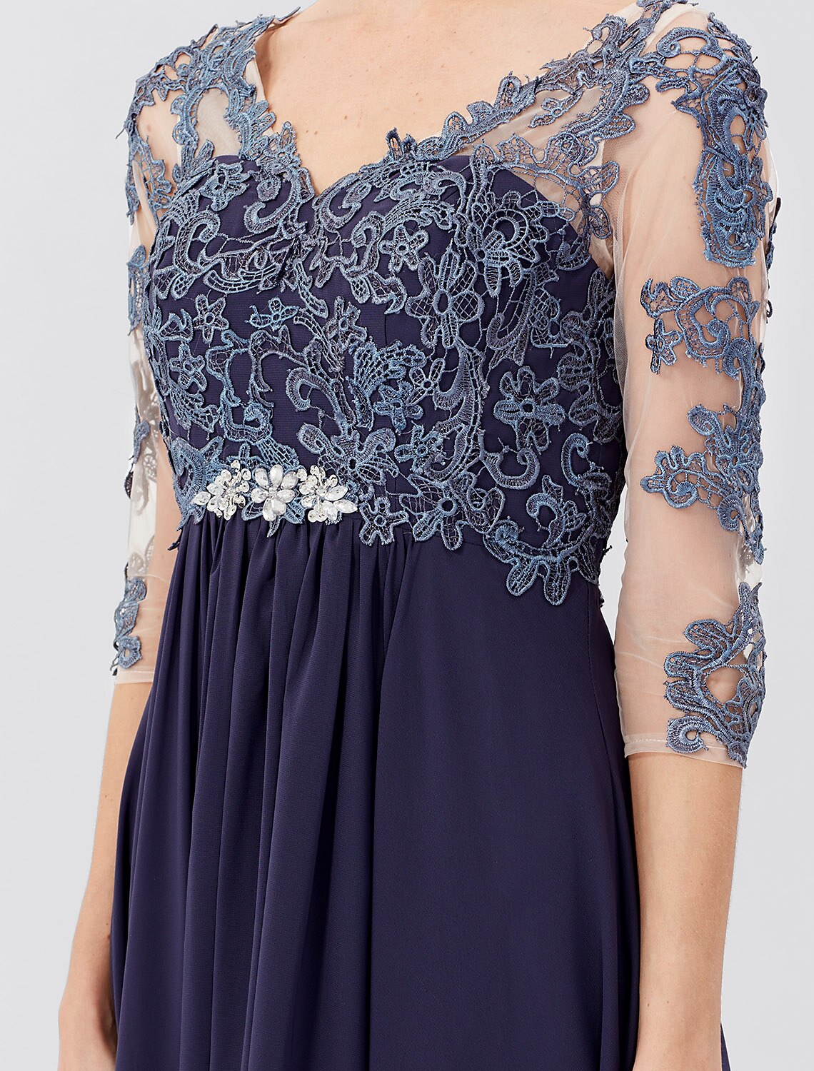 wholesale  Ball Gown A-Line Mother of the Bride Dress Formal Plus Size Elegant V Neck Floor Length Chiffon Sheer Lace 3/4 Length Sleeve with Crystals Appliques