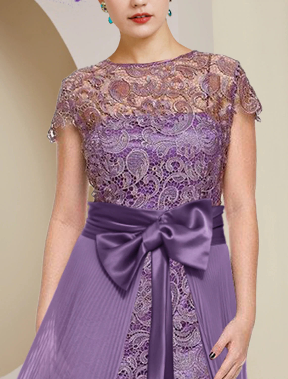 wholesale  Two Piece Sheath / Column Mother of the Bride Dress Formal Wedding Guest Elegant detachable Scoop Neck Knee Length Chiffon Lace Short Sleeve with Bow(s) Pleats Appliques