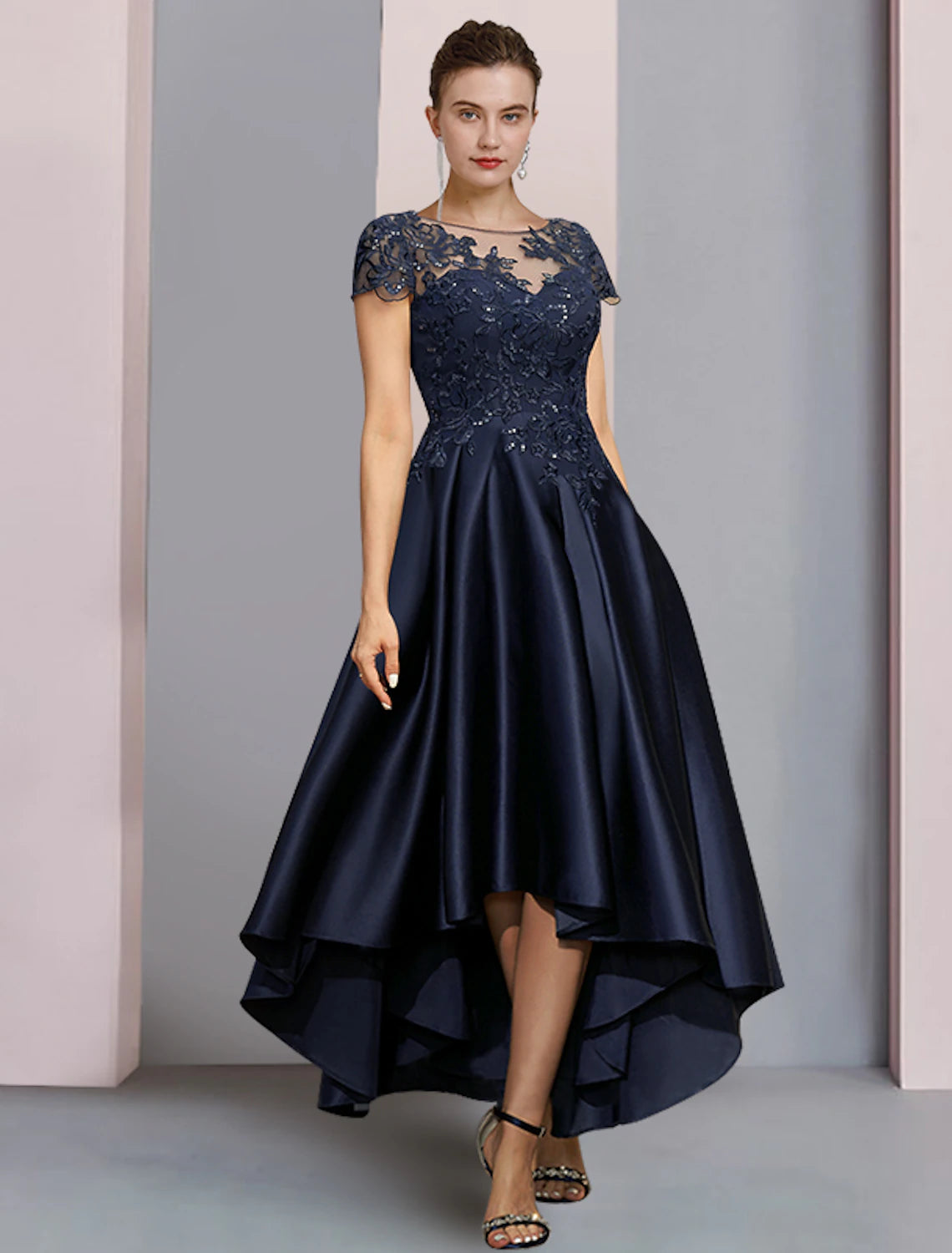 wholesale   A-Line Mother of the Bride Dress Formal Wedding Guest Party Elegant High Low Scoop Neck Asymmetrical Tea Length Satin Lace Half Sleeve with Sequin Appliques