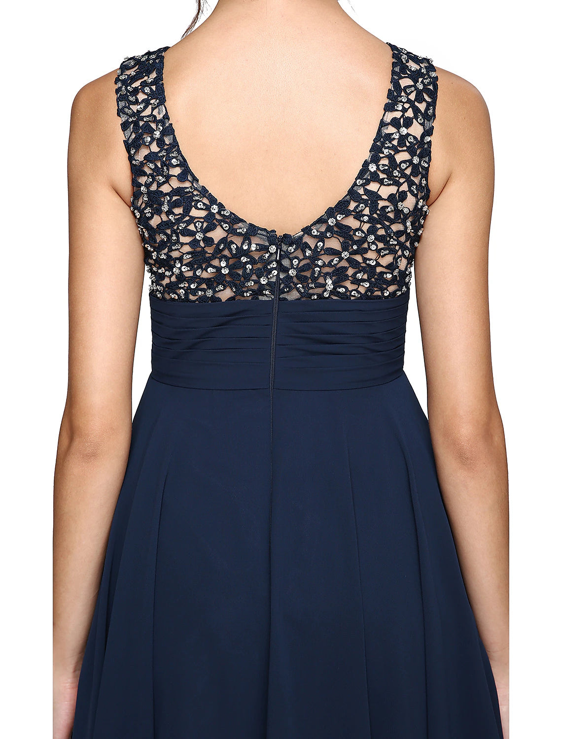 Wholesa  A-Line Cocktail Dresses Party Dress Wedding Guest Cocktail Party Knee Length Sleeveless Illusion Neck Chiffon with Ruched Sequin Lace Insert