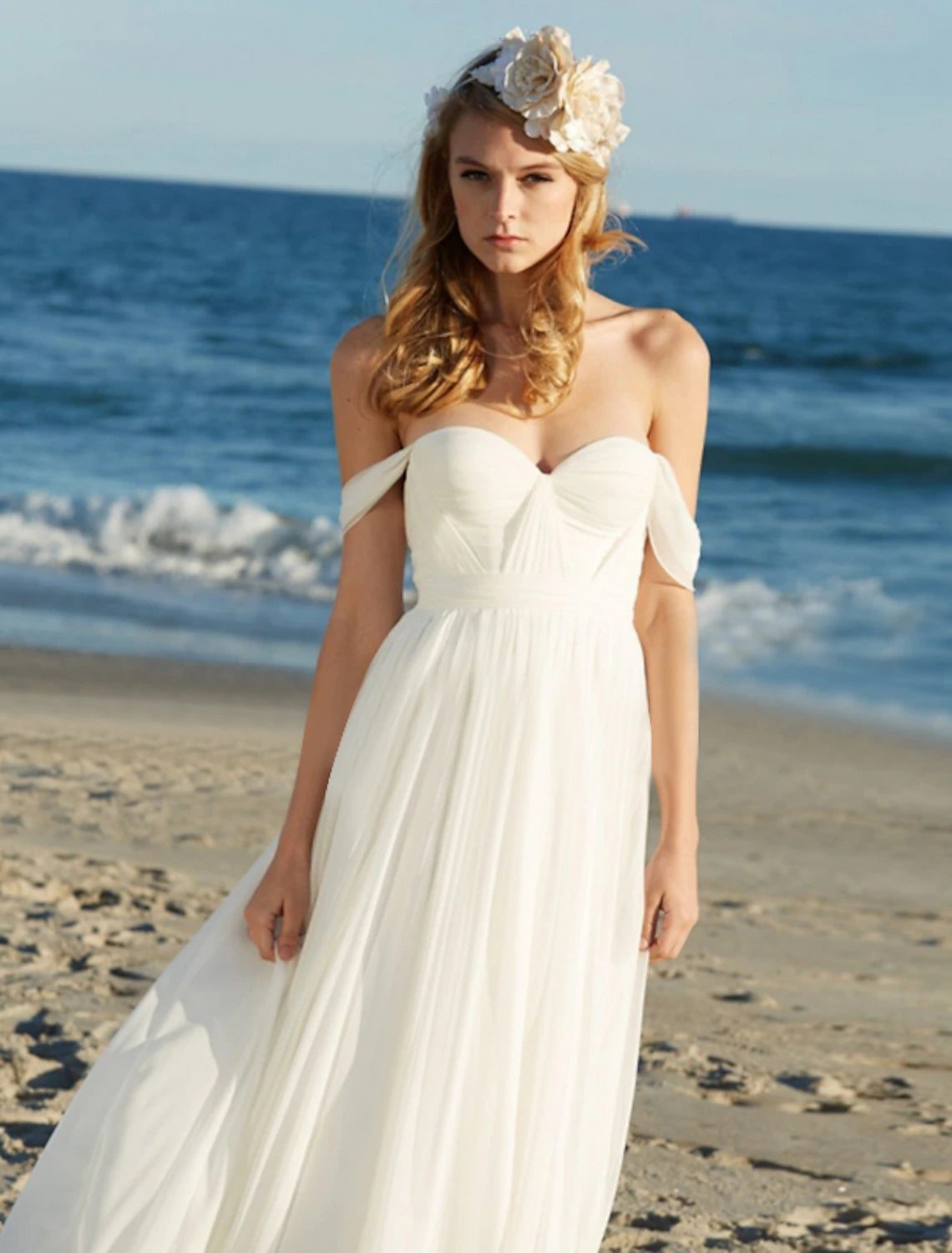 wholesale  Beach Sexy Boho Wedding Dresses A-Line Off Shoulder Cap Sleeve Floor Length Chiffon Bridal Gowns With Pleats Solid Color