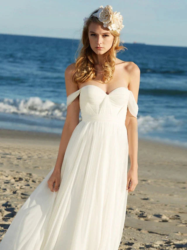 Wholesa Beach Sexy Boho Wedding Dresses Floor Length A-Line Sleeveless Off Shoulder Chiffon With Pleats Solid Color