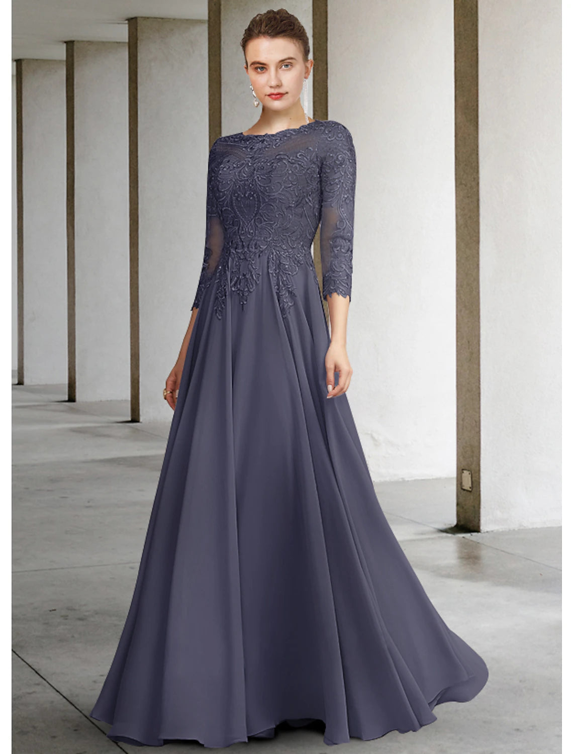 wholesale  A-Line Mother of the Bride Dress Elegant Jewel Neck Floor Length Chiffon Lace 3/4 Length Sleeve with Pleats Appliques