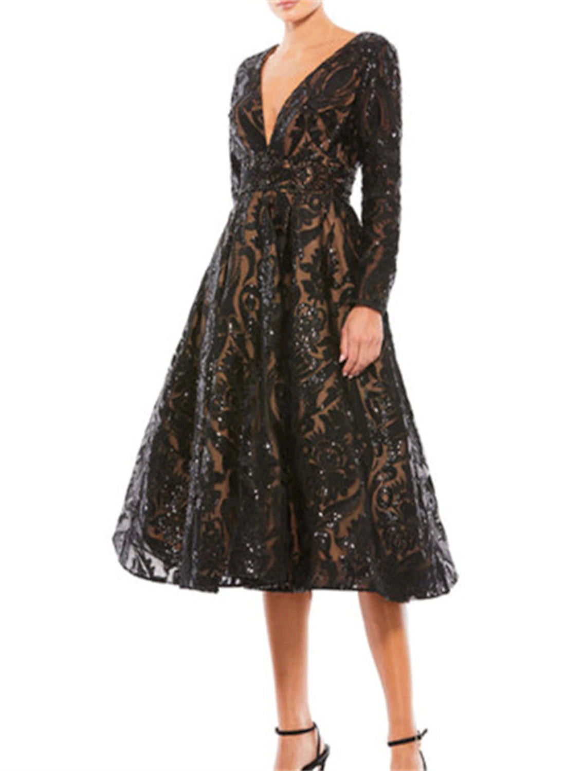 Wholesa A-Line Cocktail Dresses Party Dress Wedding Guest Wedding Party Knee Length Long Sleeve V Neck Sequined with Crystals Sequin