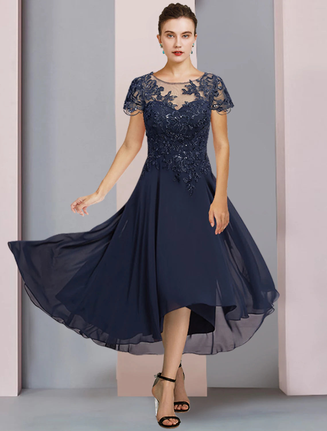 wholesale  A-Line Mother of the Bride Dress Formal Wedding Guest Elegant Scoop Neck Jewel Neck Tea Length Chiffon Lace Short Sleeve with Pleats Sequin Appliques