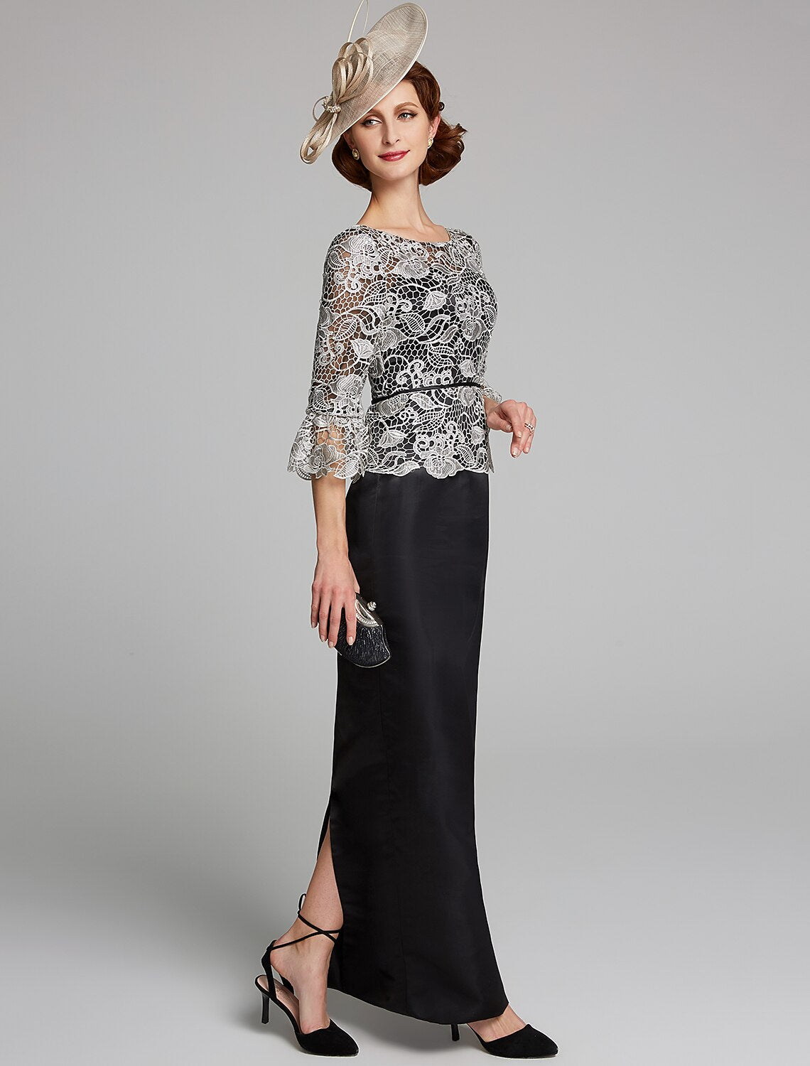 wholesale   Sheath / Column Mother of the Bride Dress Jewel Neck Floor Length Satin Lace 3/4 Length Sleeve with Lace