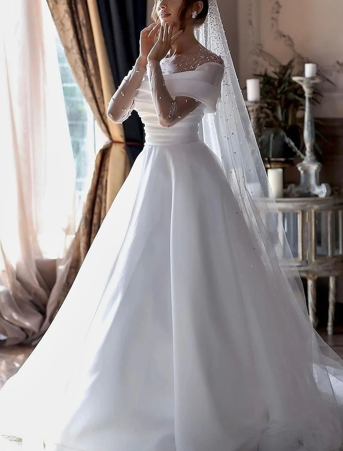 Wholesa Beach Little White Dresses Formal Wedding Dresses A-Line Illusion Neck Long Sleeve Floor Length Tulle Bridal Gowns With Ruched Beading