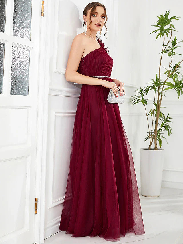 Wholesa A-Line Prom Dresses Vintage Dress Wedding Party Floor Length Sleeveless One Shoulder Tulle with Appliques