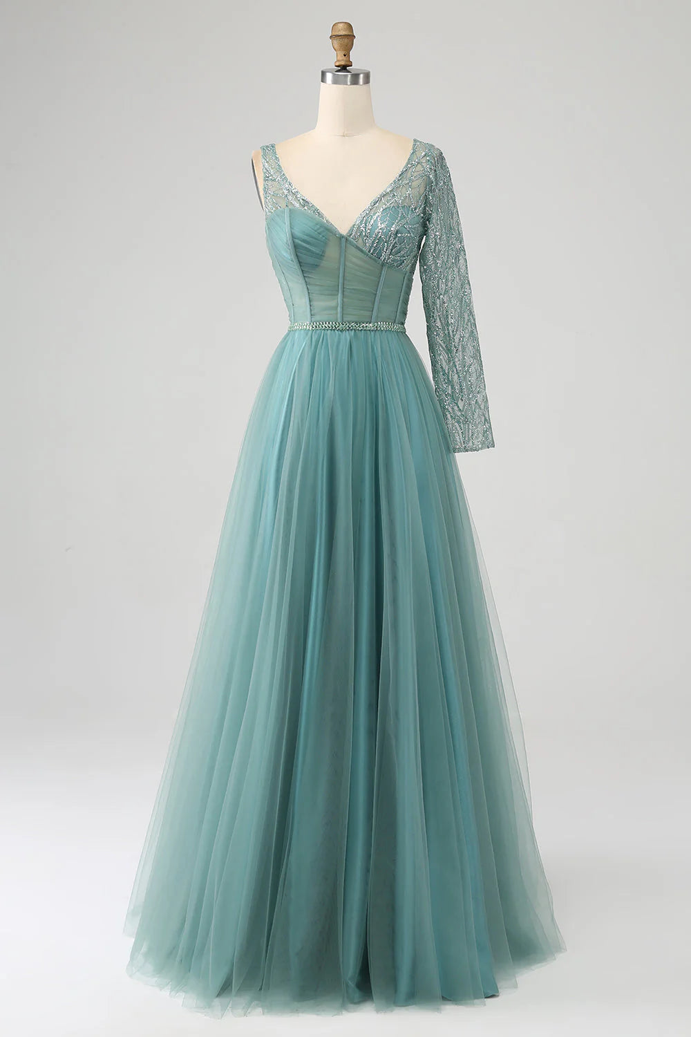 Wholesa A-Line Sparkly Sequin Long Corset Prom Dress