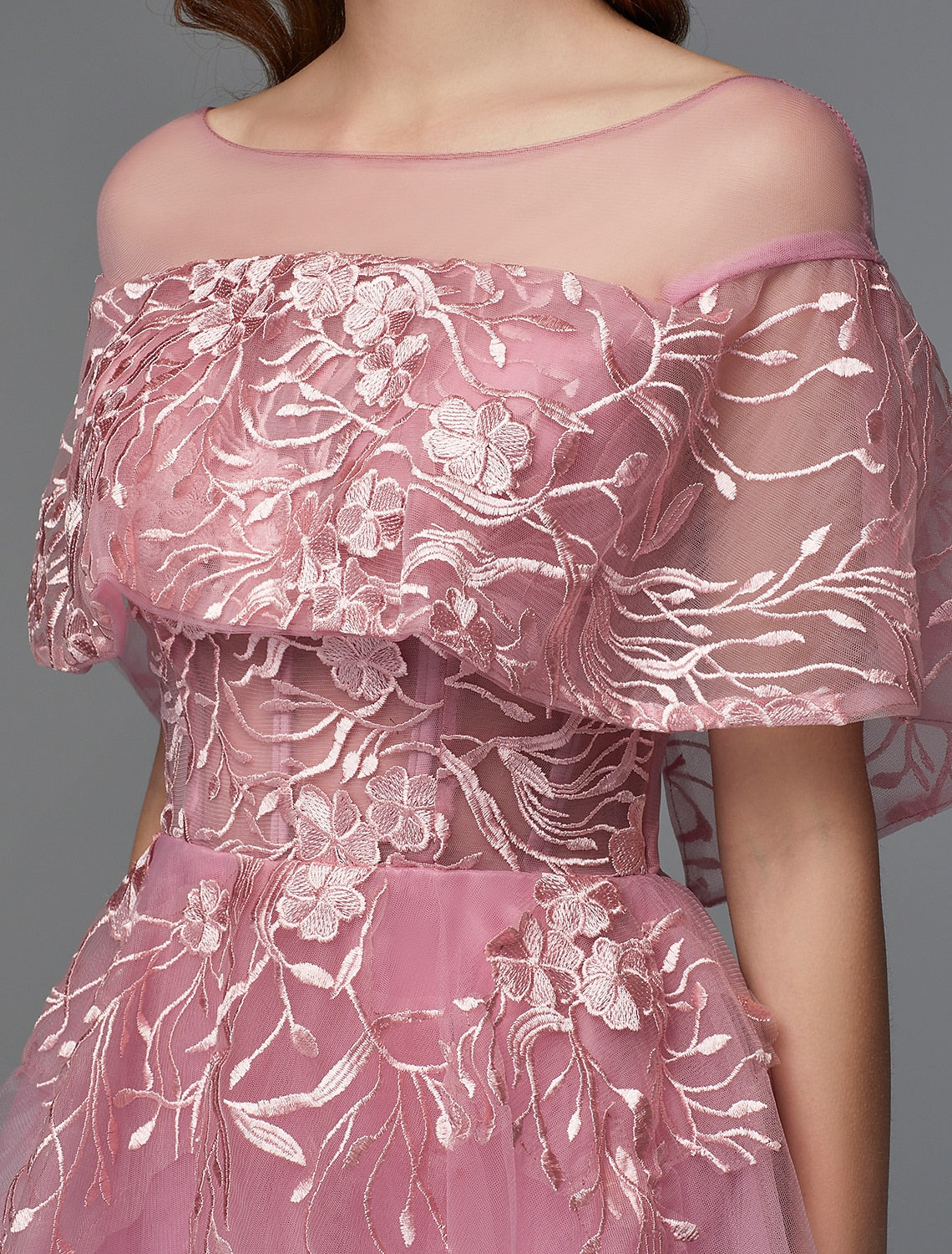 Wholesa A-Line Elegant Dress Holiday Wedding Guest Asymmetrical Sleeveless Illusion Neck Lace Tie Back with Lace Insert