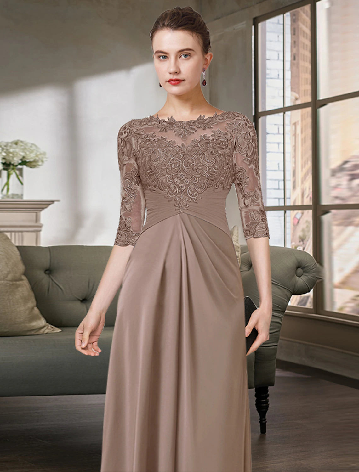 wholesale  Sheath / Column Mother of the Bride Dress Simple Elegant Jewel Neck Floor Length Chiffon Lace Half Sleeve with Pleats Solid Color