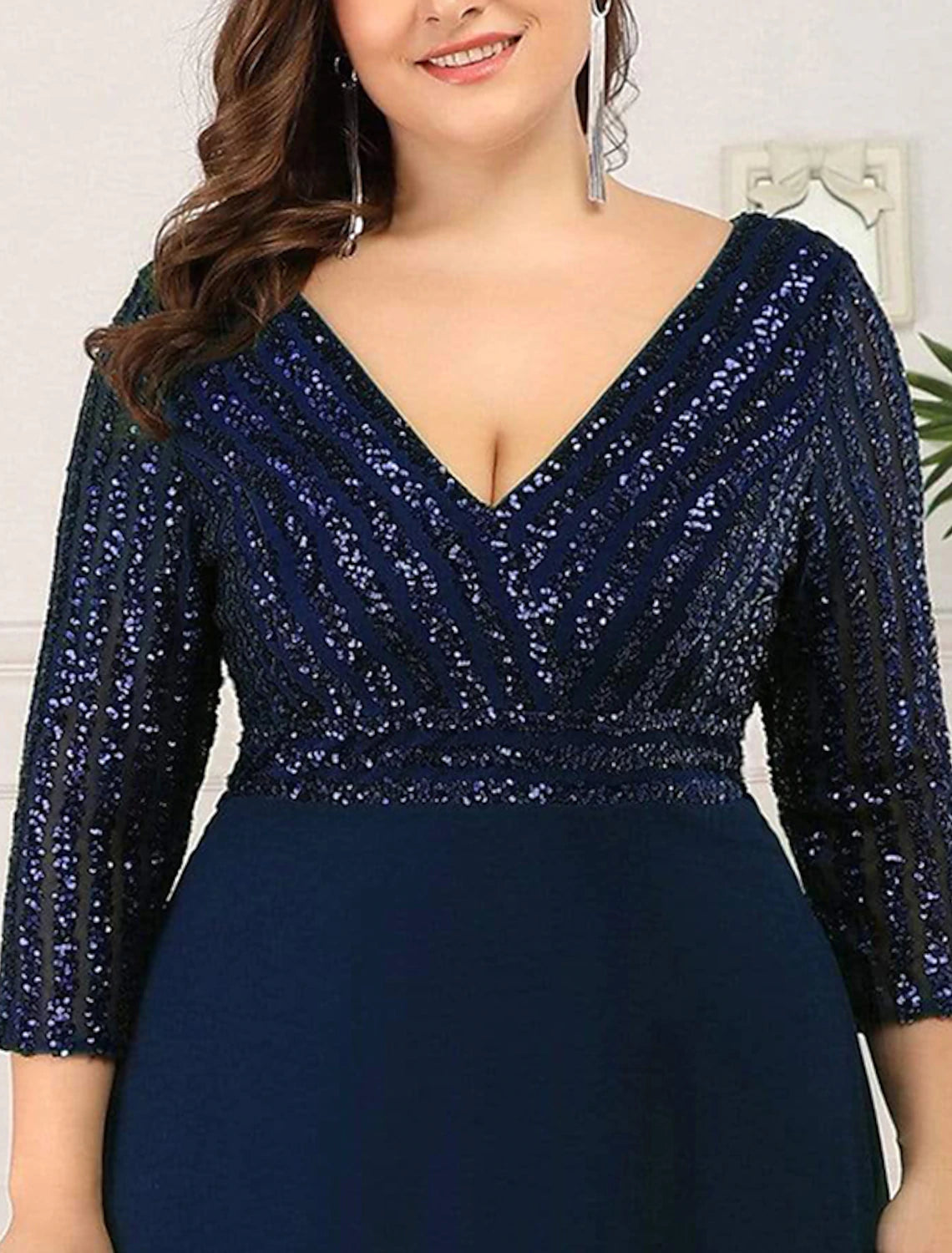 wholesa A-Line Evening Gown Plus Size Dress Wedding Guest Black Tie Floor Length 3/4 Length Sleeve V Neck Chiffon V Back with Sequin