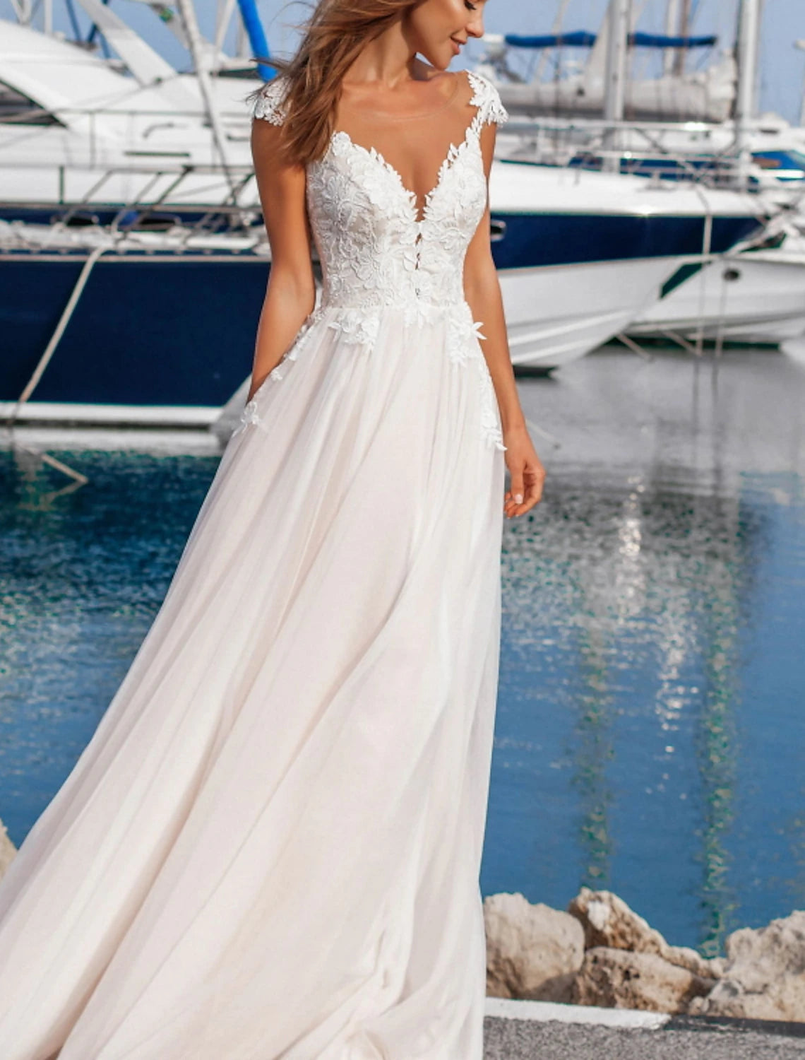 Wholesa Beach Formal Wedding Dresses A-Line V Neck Cap Sleeve Floor Length Lace Bridal Gowns With Appliques