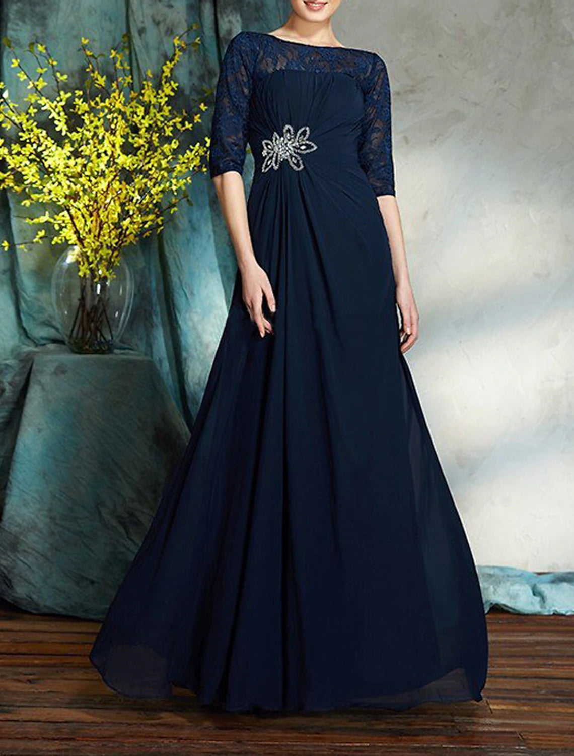 Wholesa A-Line Mother of the Bride Dress Wedding Guest Elegant Scoop Neck Floor Length Chiffon Half Sleeve with Lace Crystals Ruching