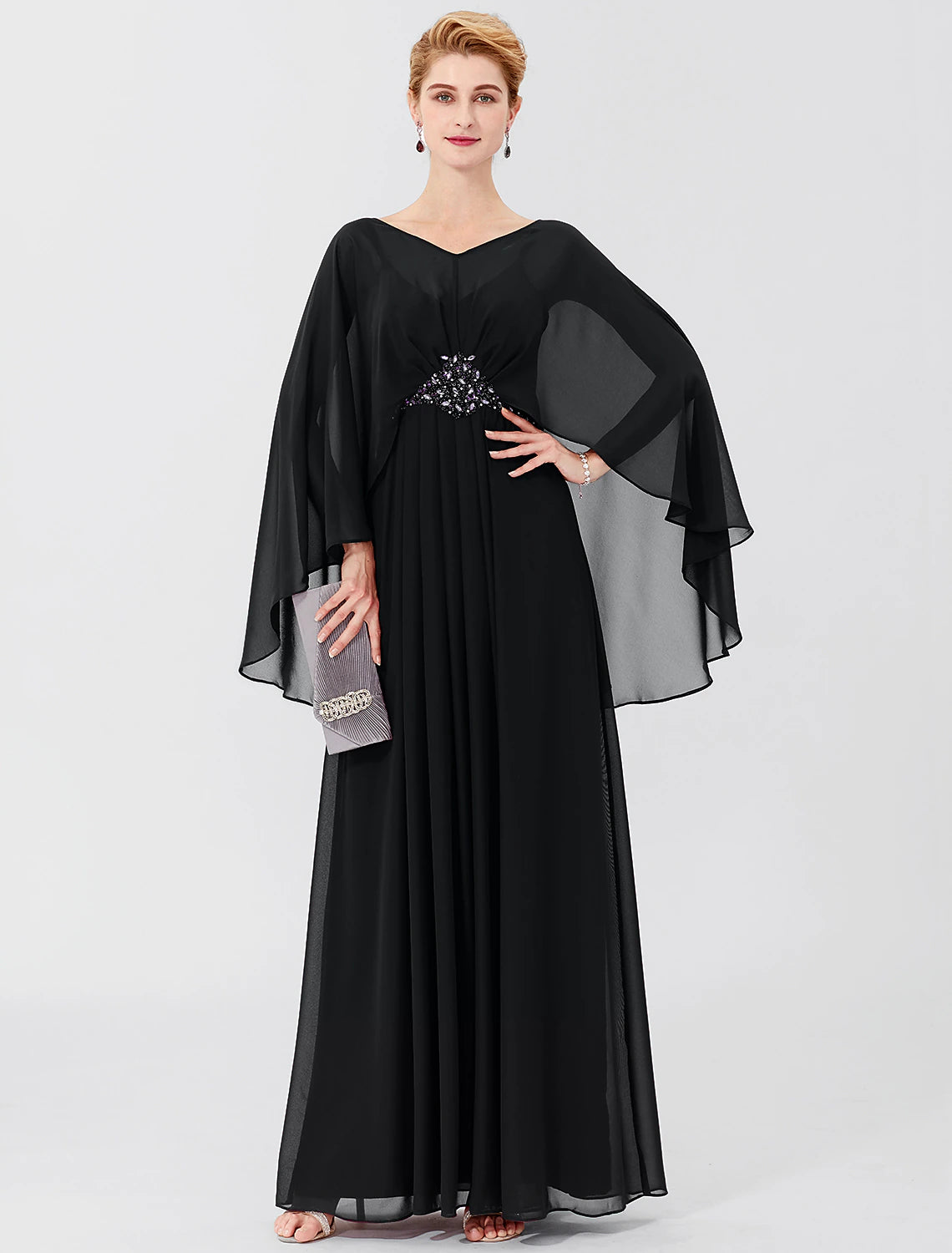 wholesale  Sheath / Column Mother of the Bride Dress Formal Classic & Timeless Elegant & Luxurious Elegant V Neck Floor Length Chiffon Long Sleeve with Pleats Beading