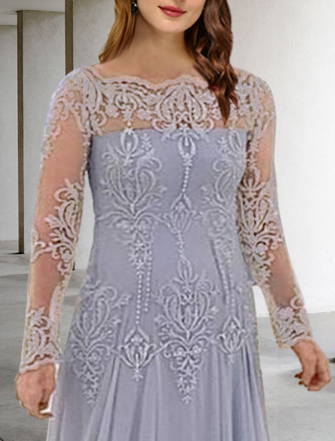 wholesale  Mermaid / Trumpet Mother of the Bride Dresses Plus Size Hide Belly Curve Elegant Dress Formal Sweep / Brush Train Long Sleeve Off Shoulder Chiffon with Pleats Appliques