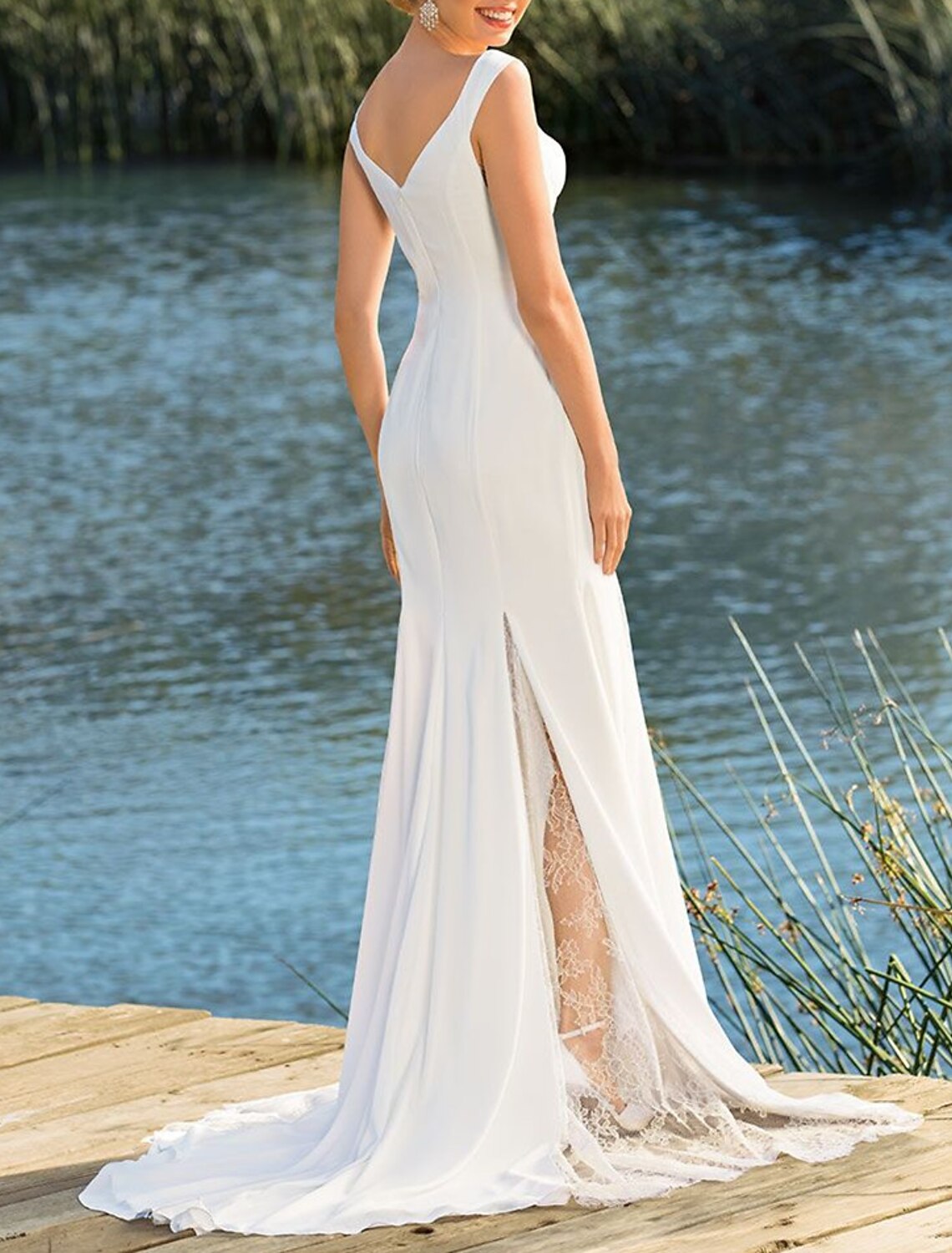 Wholesa Beach Casual Wedding Dresses Mermaid / Trumpet Off Shoulder Cap Sleeve Court Train Lace Bridal Gowns With Appliques Solid Color