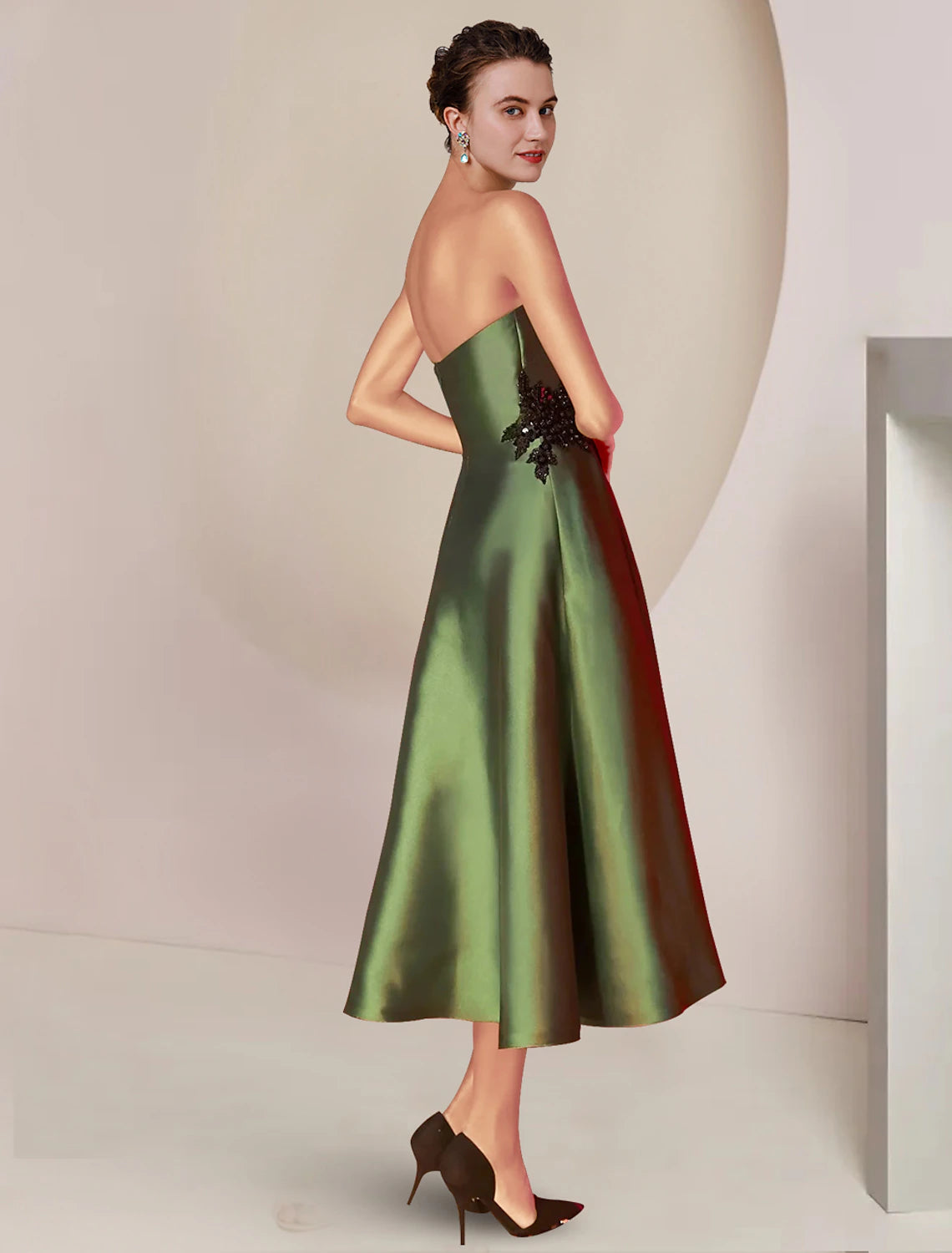 wholesale   Two Piece A-Line Mother of the Bride Dress Formal Wedding Guest Party Elegant Strapless Tea Length Charmeuse Sequined Sleeveless Shawls with Beading Appliques