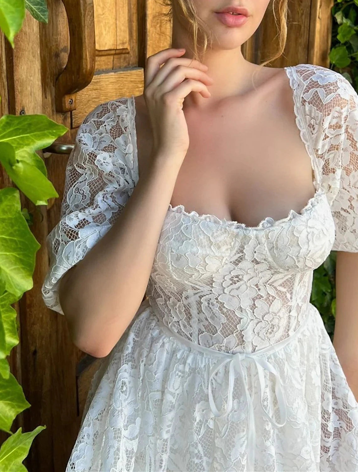 Wholesa Reception Little White Dresses Wedding Dresses A-Line Sweetheart Half Sleeve Tea Length Lace Bridal Gowns With Appliques Solid Color