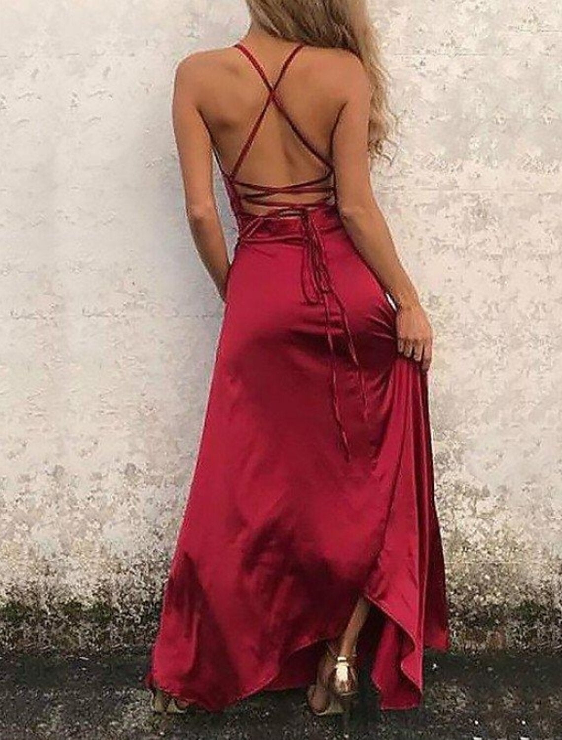 Wholesa A-Line Beautiful Back Sexy High Split Engagement Prom Formal Evening Dress Spaghetti Strap Sleeveless Floor Length Satin with Ruffles Slit