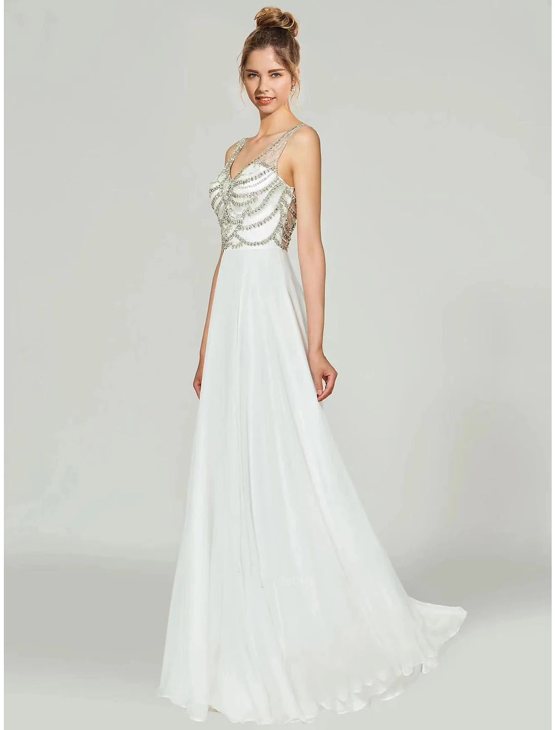 Wholesa A-Line Evening Gown Open Back Dress Formal Wedding Party Floor Length Sleeveless V Neck Chiffon with Rhinestone