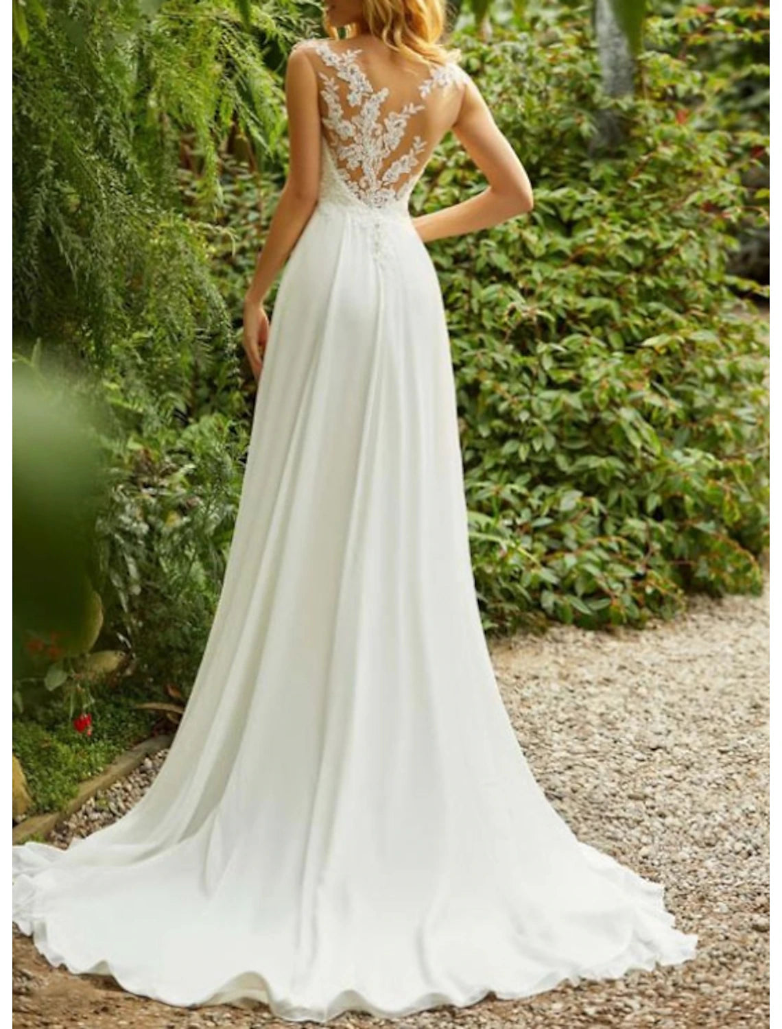 Wholesa  Beach Open Back Boho Wedding Dresses A-Line Illusion Neck Cap Sleeve Sweep / Brush Train Chiffon Bridal Gowns With Lace Insert