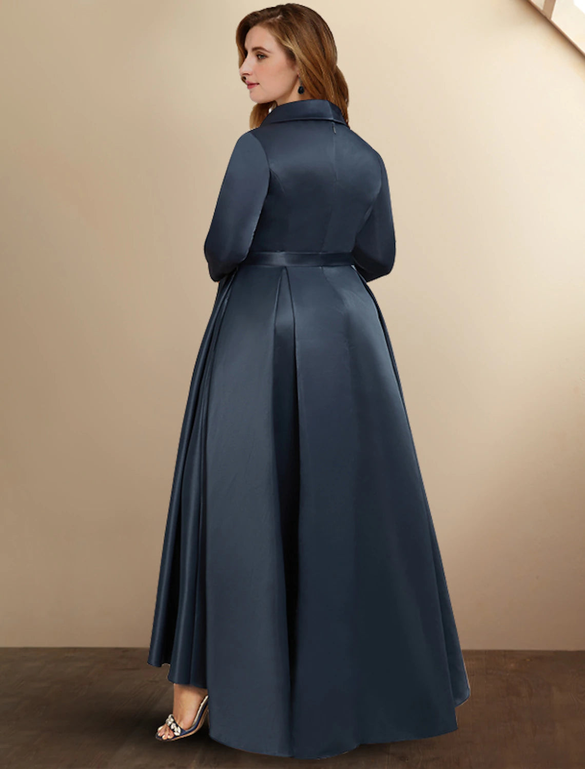 wholesale  A-Line Mother of the Bride Dresses Plus Size Hide Belly Curve High Low Dress Formal Asymmetrical 3/4 Length Sleeve Shirt Collar Satin with Bow(s) Pleats