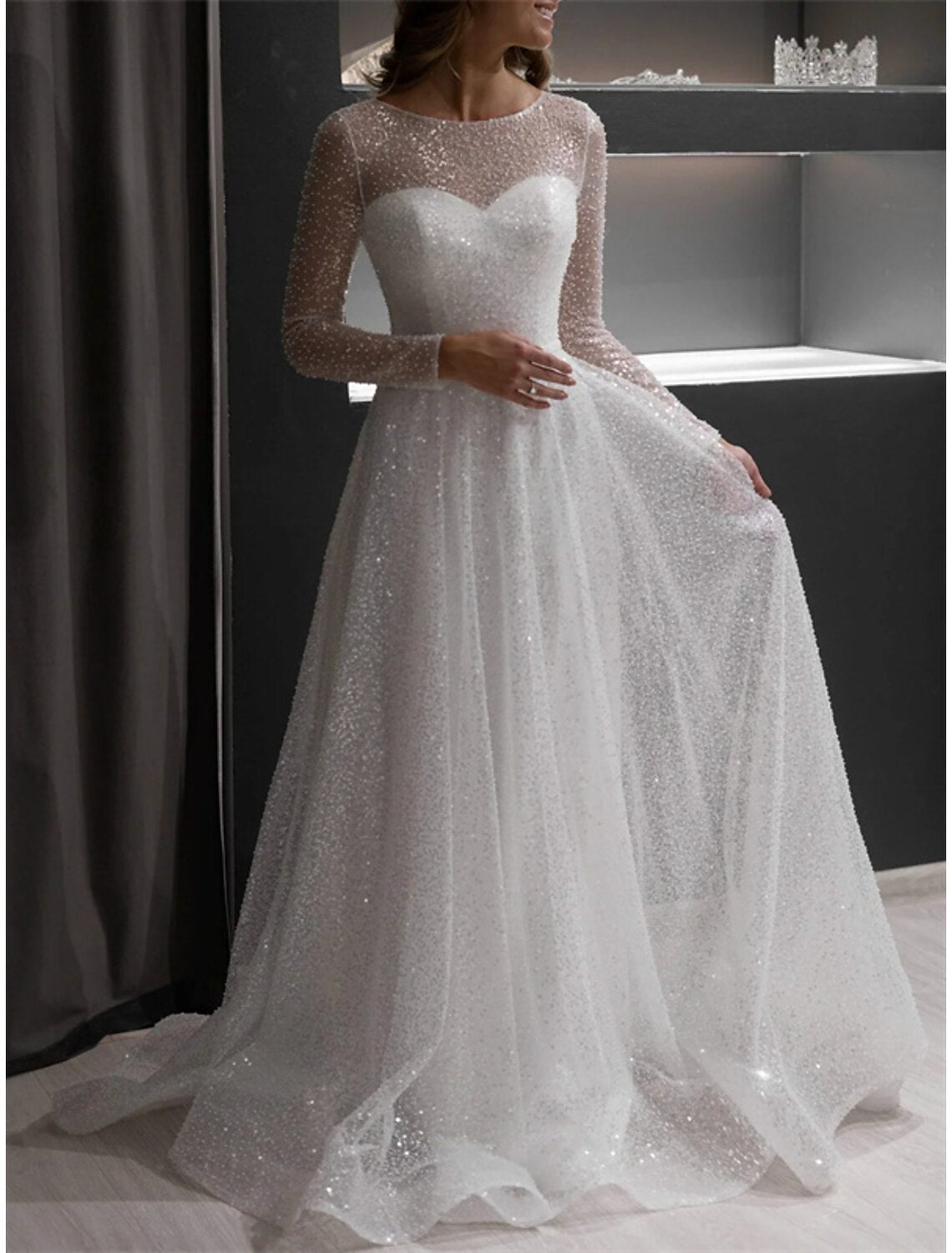 Wholesa A-Line Evening Gown Elegant Dress Wedding Court Train Long Sleeve Jewel Neck Fall Wedding Reception Sequined with Glitter