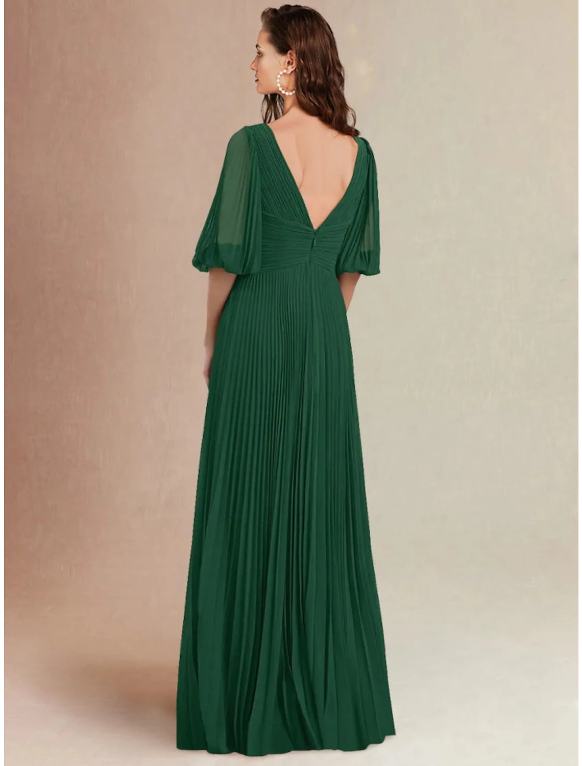 Wholesa  A-Line Bridesmaid Dress V Neck Half Sleeve Elegant Floor Length Chiffon with Split Front / Ruching