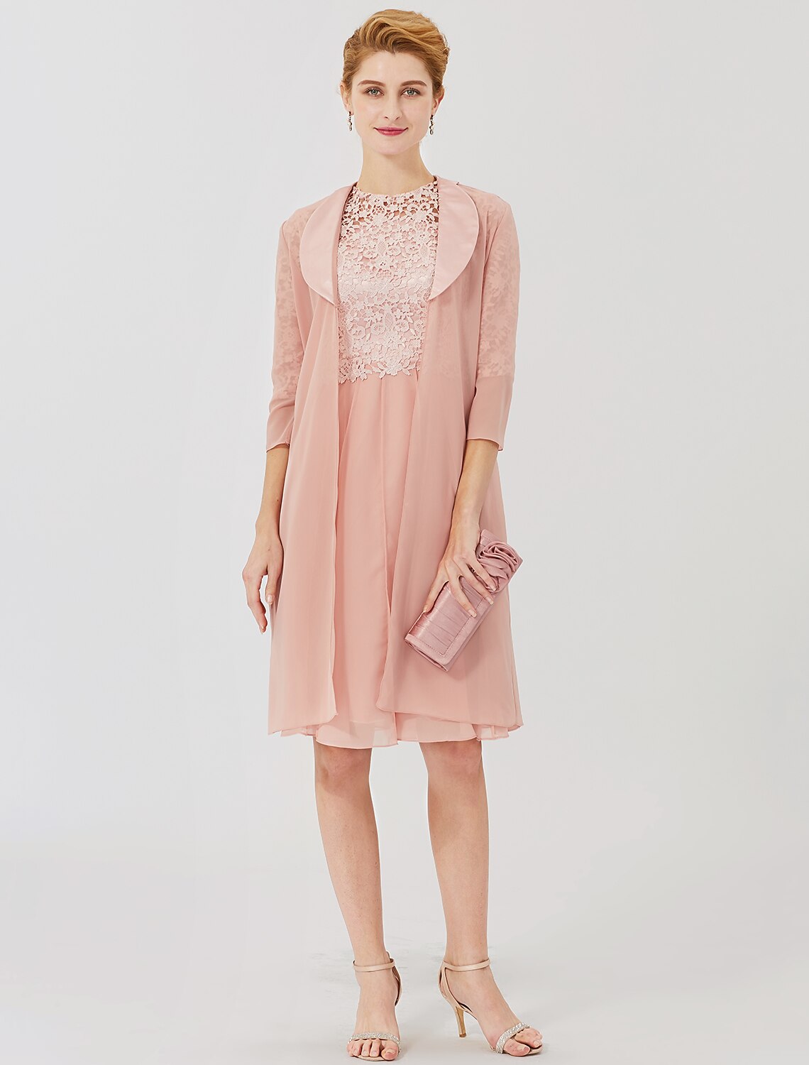 wholesale  Ball Gown Mother of the Bride Dress Formal Classic & Timeless Elegant & Luxurious Convertible Dress Illusion Neck Knee Length Chiffon Floral Lace 3/4 Length Sleeve with Crystal Brooch