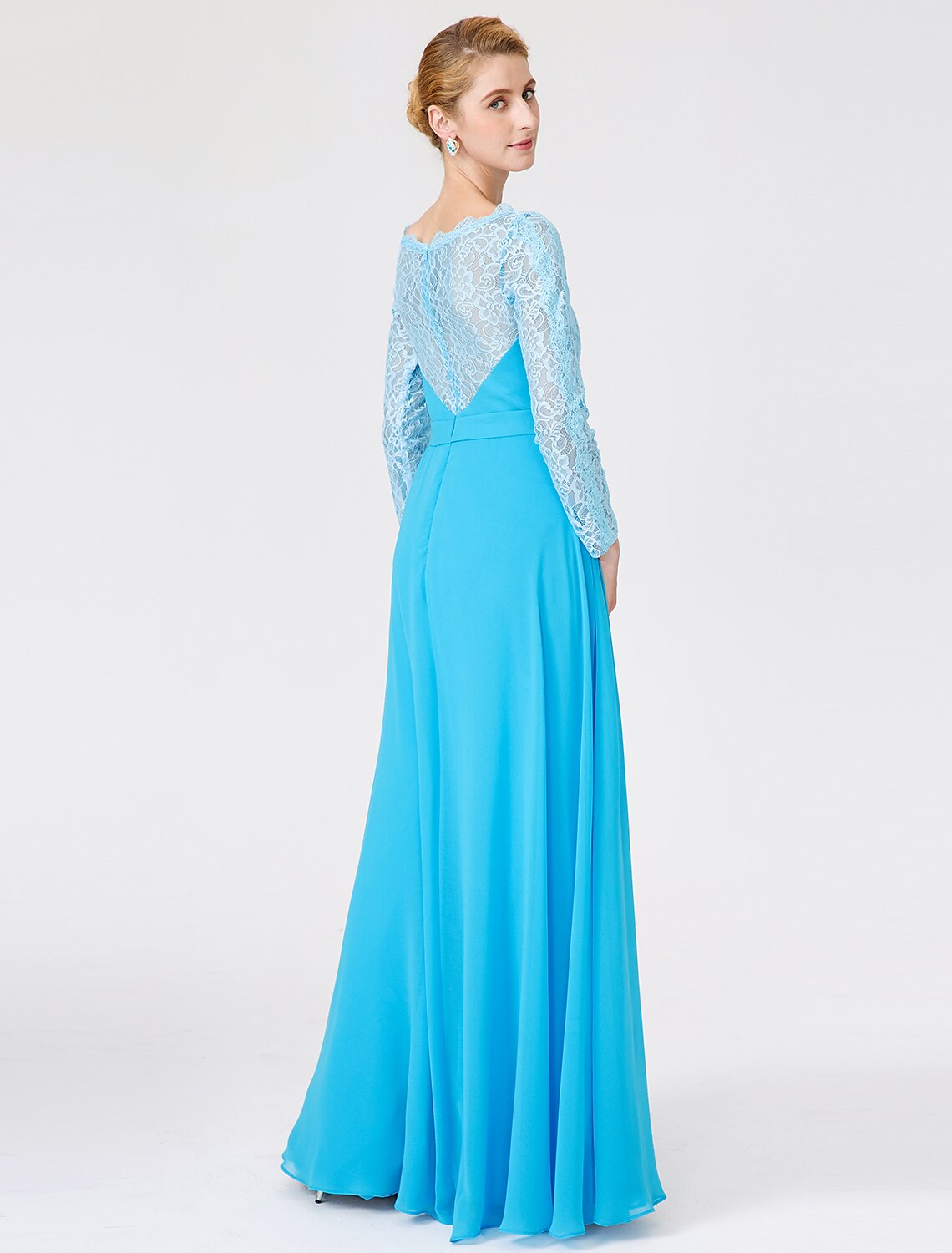 Wholesa A-Line Ball Gown Scoop Neck Floor Length Chiffon Lace Mother of the Bride Dress with Sash