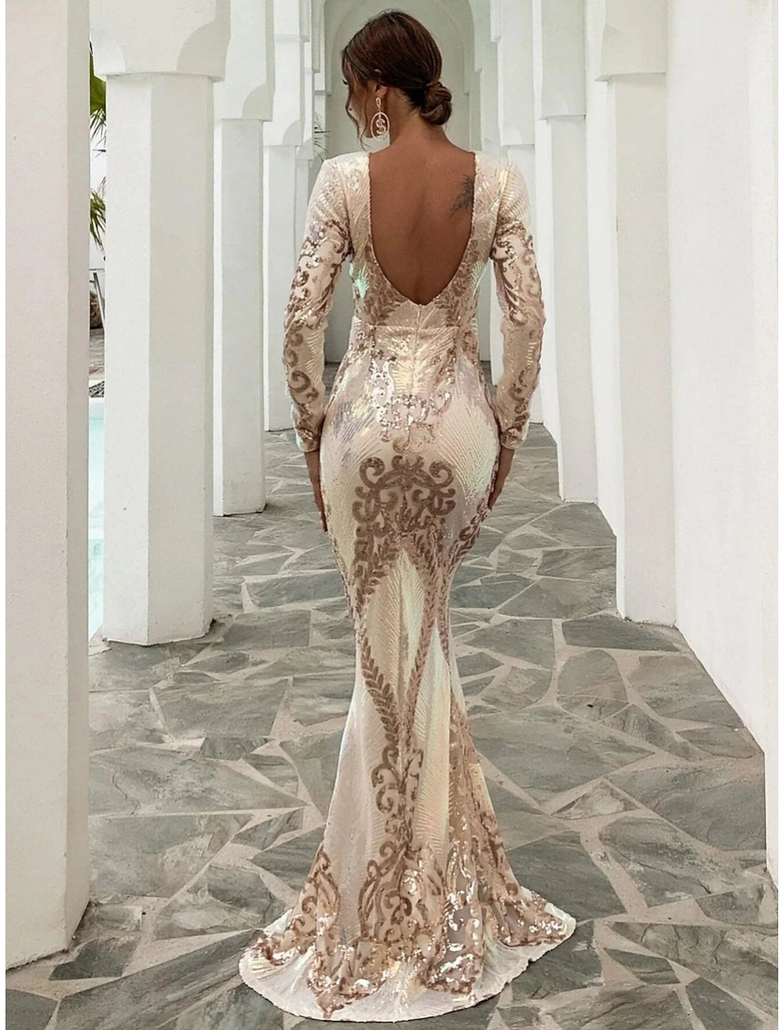Wholesa Mermaid / Trumpet Evening Gown Elegant Dress Formal Sweep / Brush Train Long Sleeve Scoop Neck Sequined with Glitter Pleats