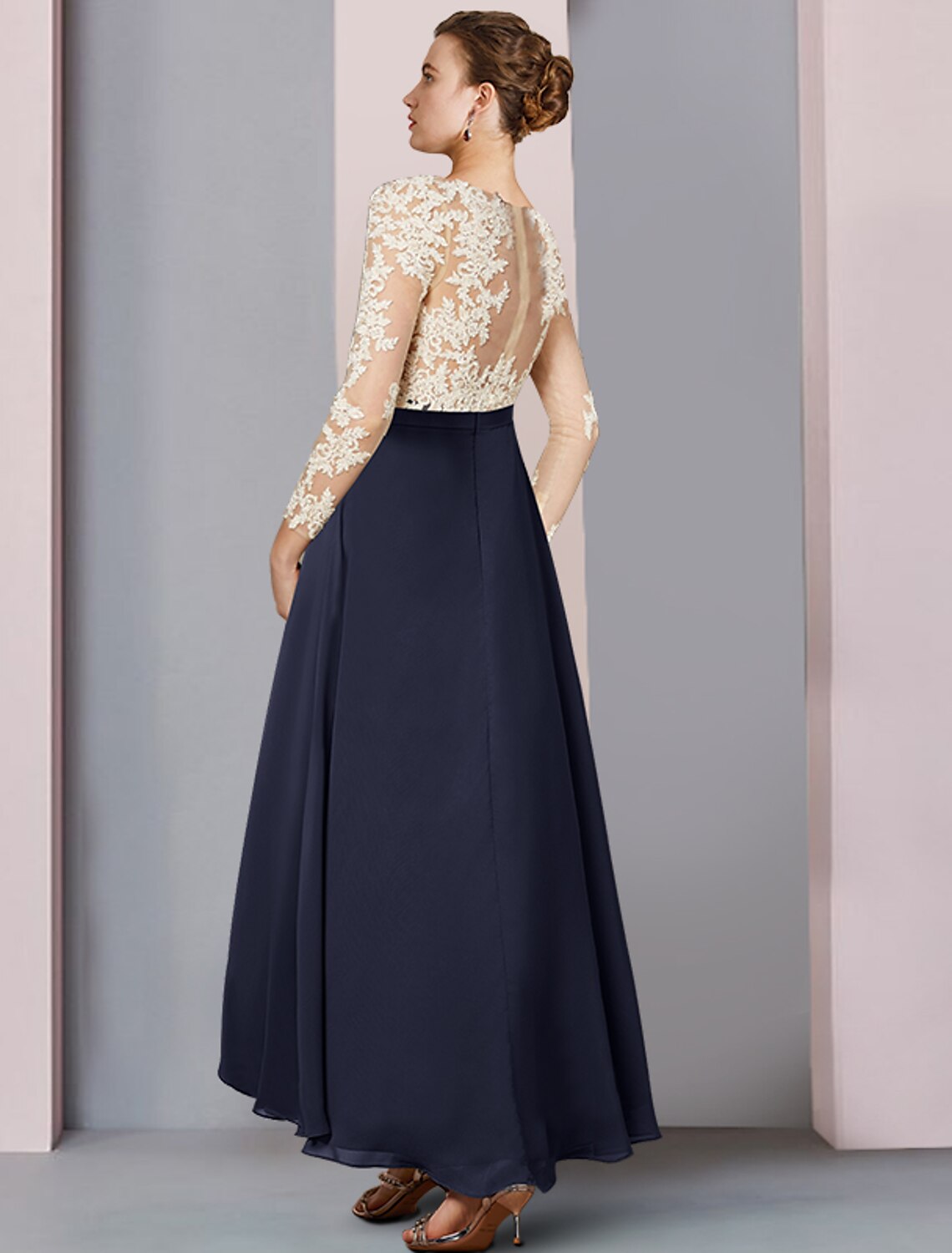 wholesale  Sheath / Column Mother of the Bride Dress Wedding Guest Party Elegant V Neck Asymmetrical Chiffon Lace Long Sleeve with Pleats Color Block