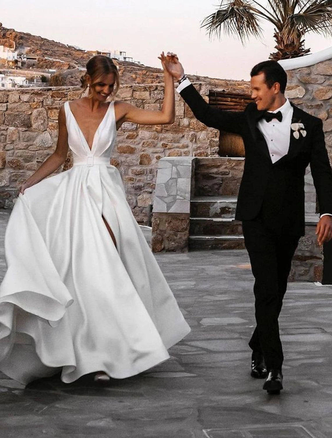 wholesale   Beach Casual Wedding Dresses A-Line V Neck Sleeveless Court Train Satin Bridal Gowns With Sashes / Ribbons Sash / Ribbon
